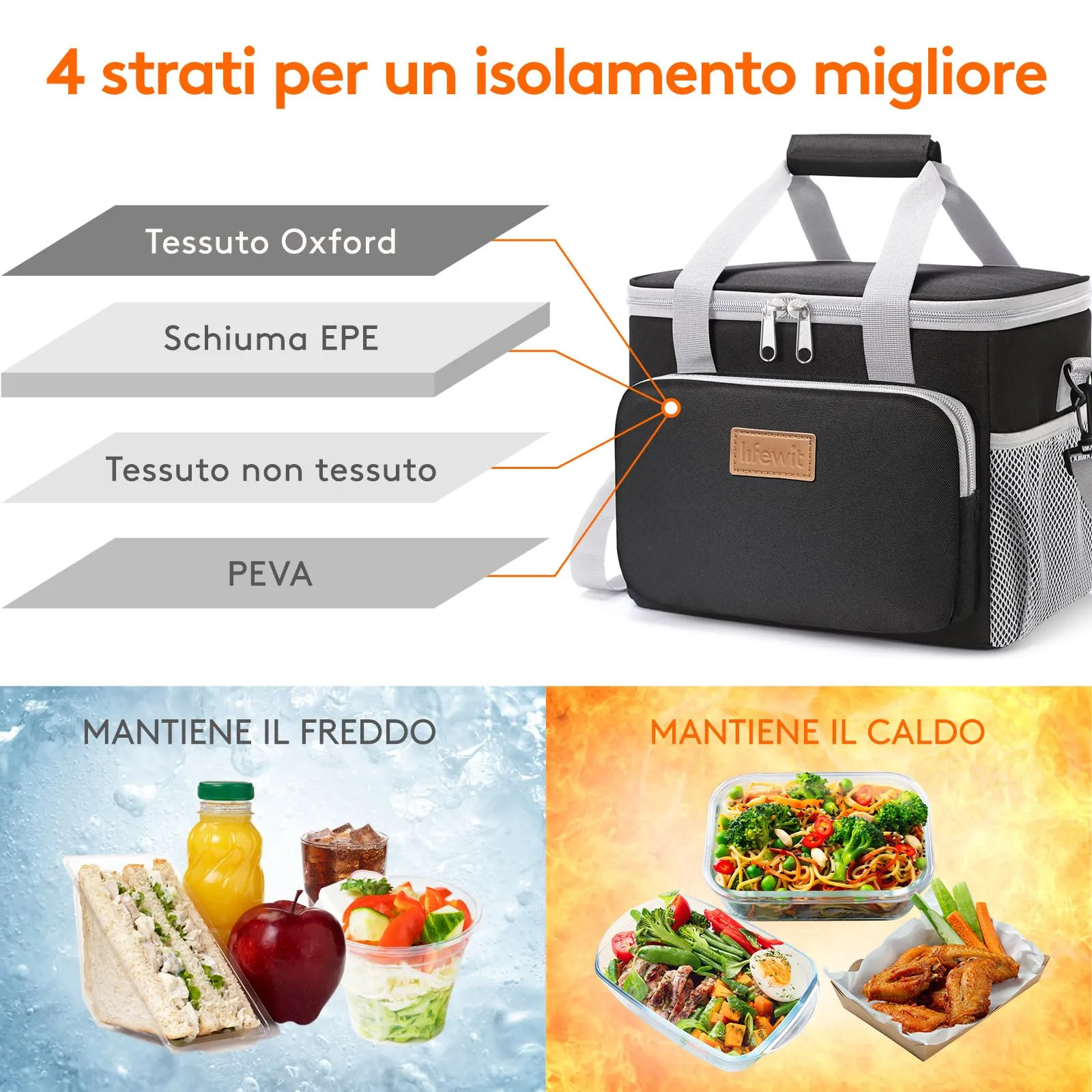 Lifewit Borsa Termica Porta Pranzo 9L, Grigio e Nero - immagine 2
