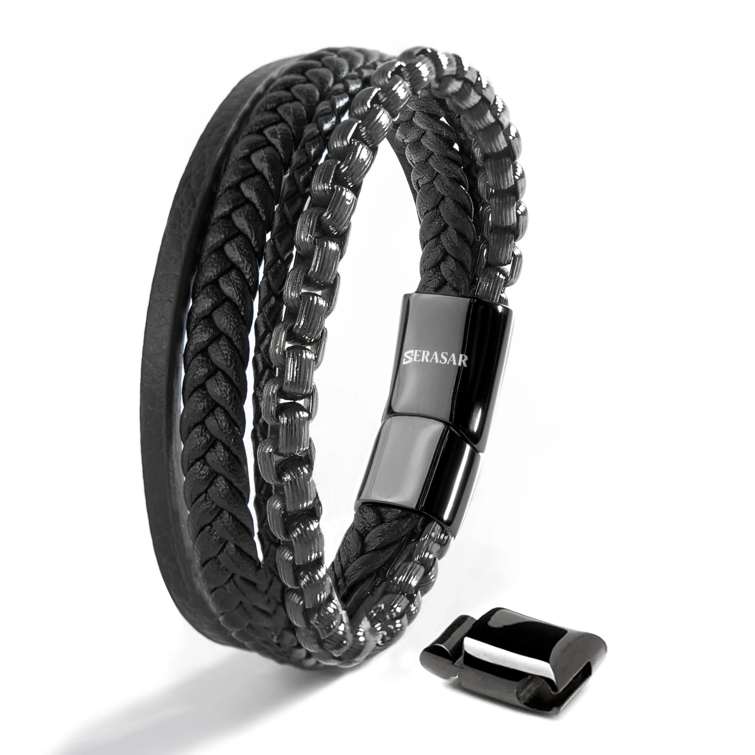 SERASAR Bracciale in Pelle Nera Intrecciata da Uomo e Bambino, 17cm - immagine 1