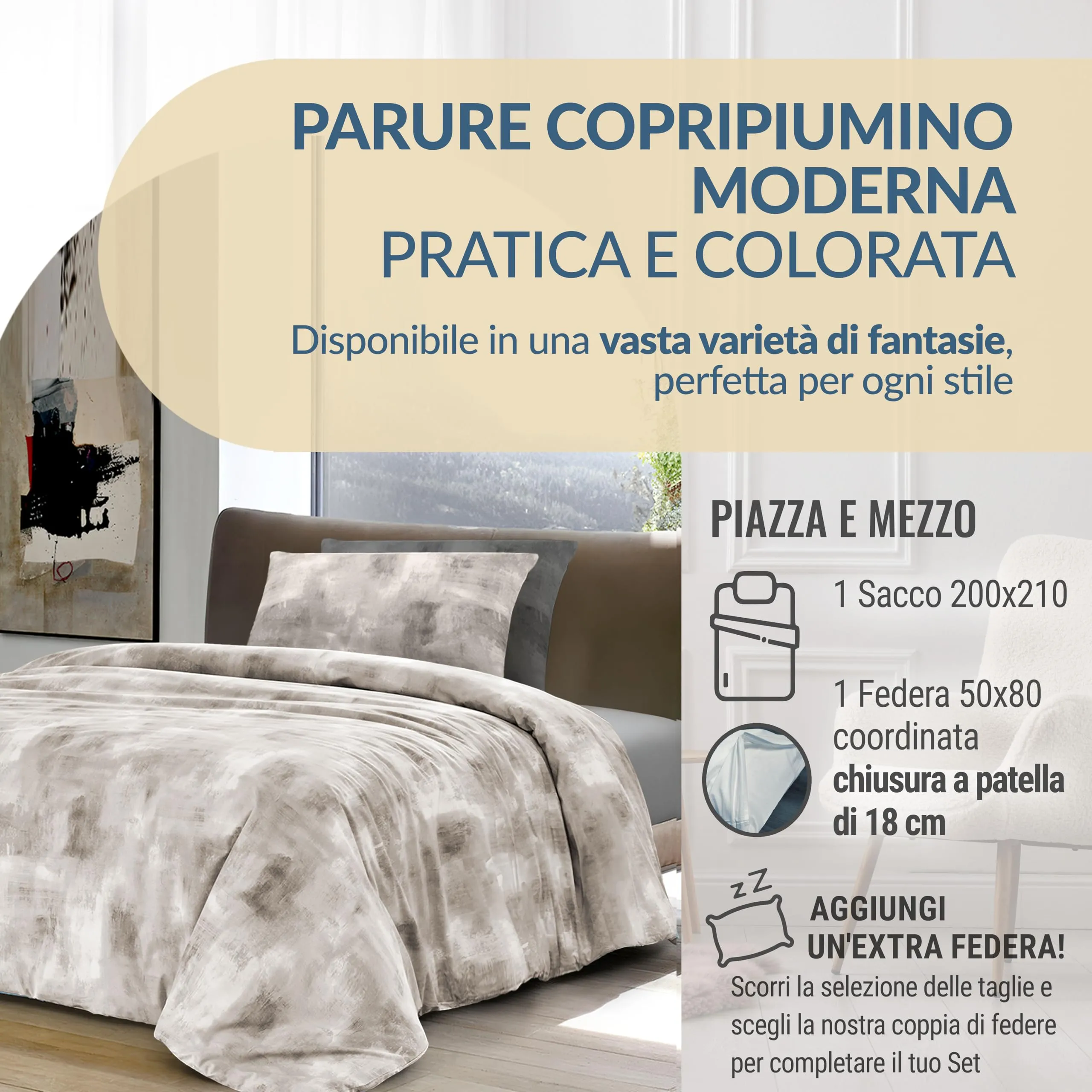 Dorian Home Set Copripiumino Una Piazza e Mezza 200x210 cm in Cotone con Federa, Nebula Beige - immagine 2