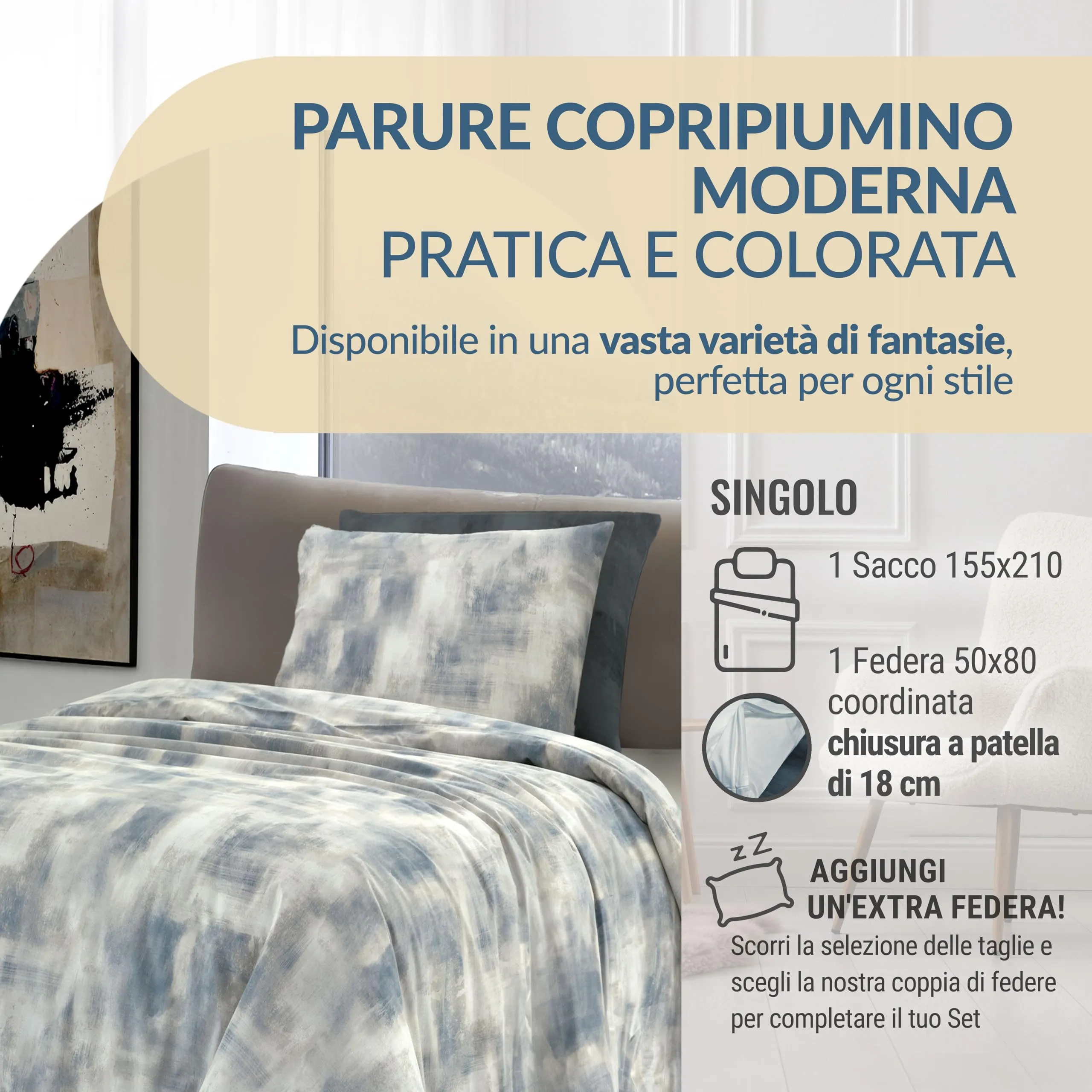 Dorian Home Copripiumino Singolo in Cotone 155x210 cm con Federa, Nebula Ottanio - immagine 2
