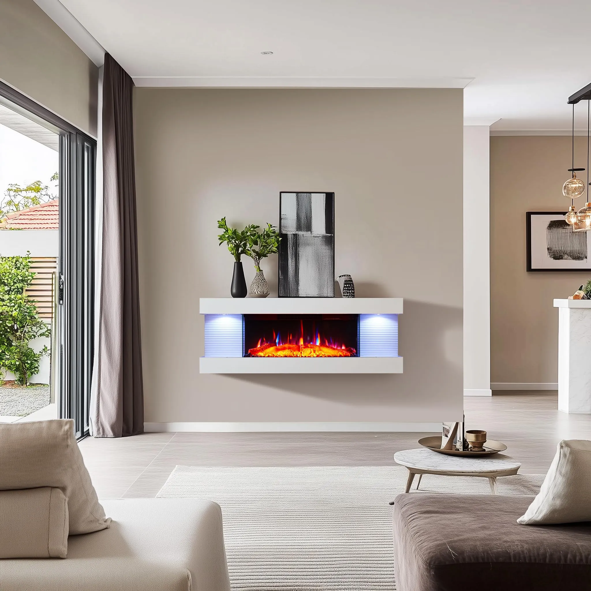 Balderia Lumina Camino Elettrico da Parete con Effetto Fiamma 3D, 1000/2000 W, LED, Telecomando, Timer, Termostato, Bianco - immagine 2