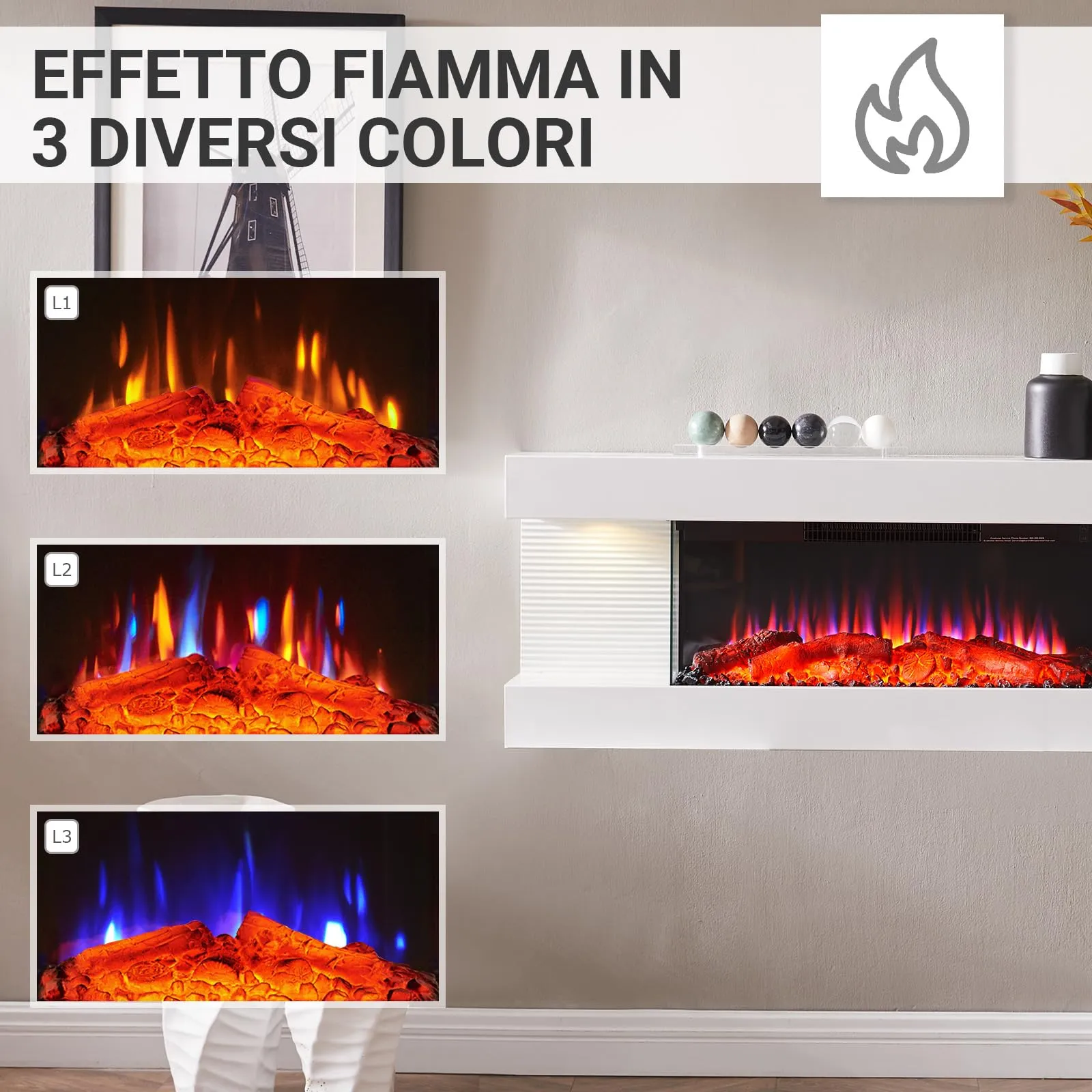 Balderia Lumina Camino Elettrico da Parete con Effetto Fiamma 3D, 1000/2000 W, LED, Telecomando, Timer, Termostato, Bianco - immagine 4