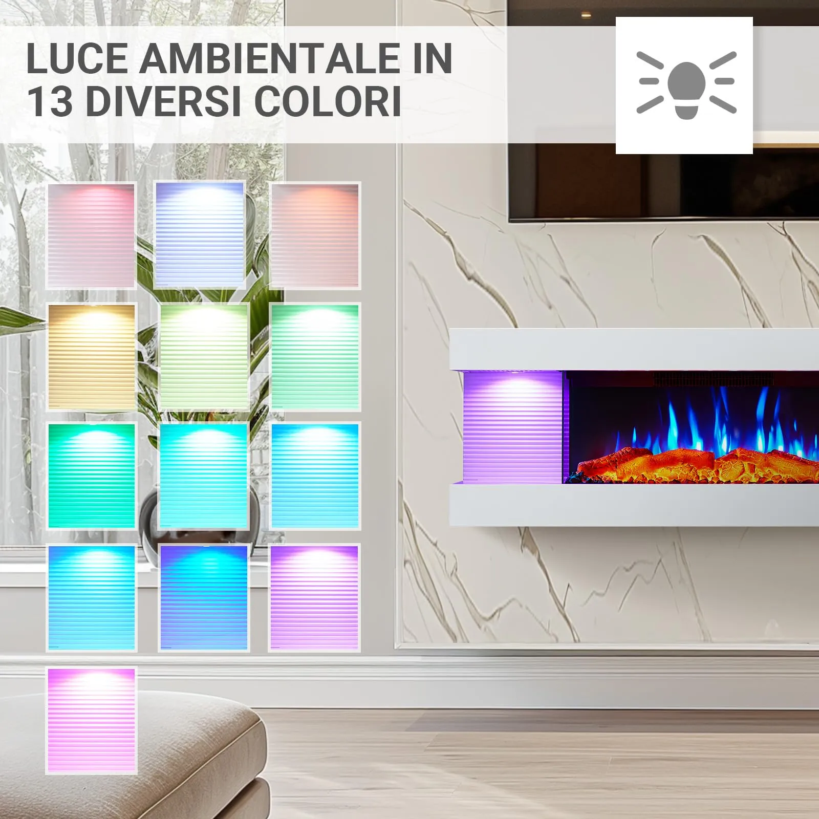 Balderia Lumina Camino Elettrico da Parete con Effetto Fiamma 3D, 1000/2000 W, LED, Telecomando, Timer, Termostato, Bianco - immagine 5
