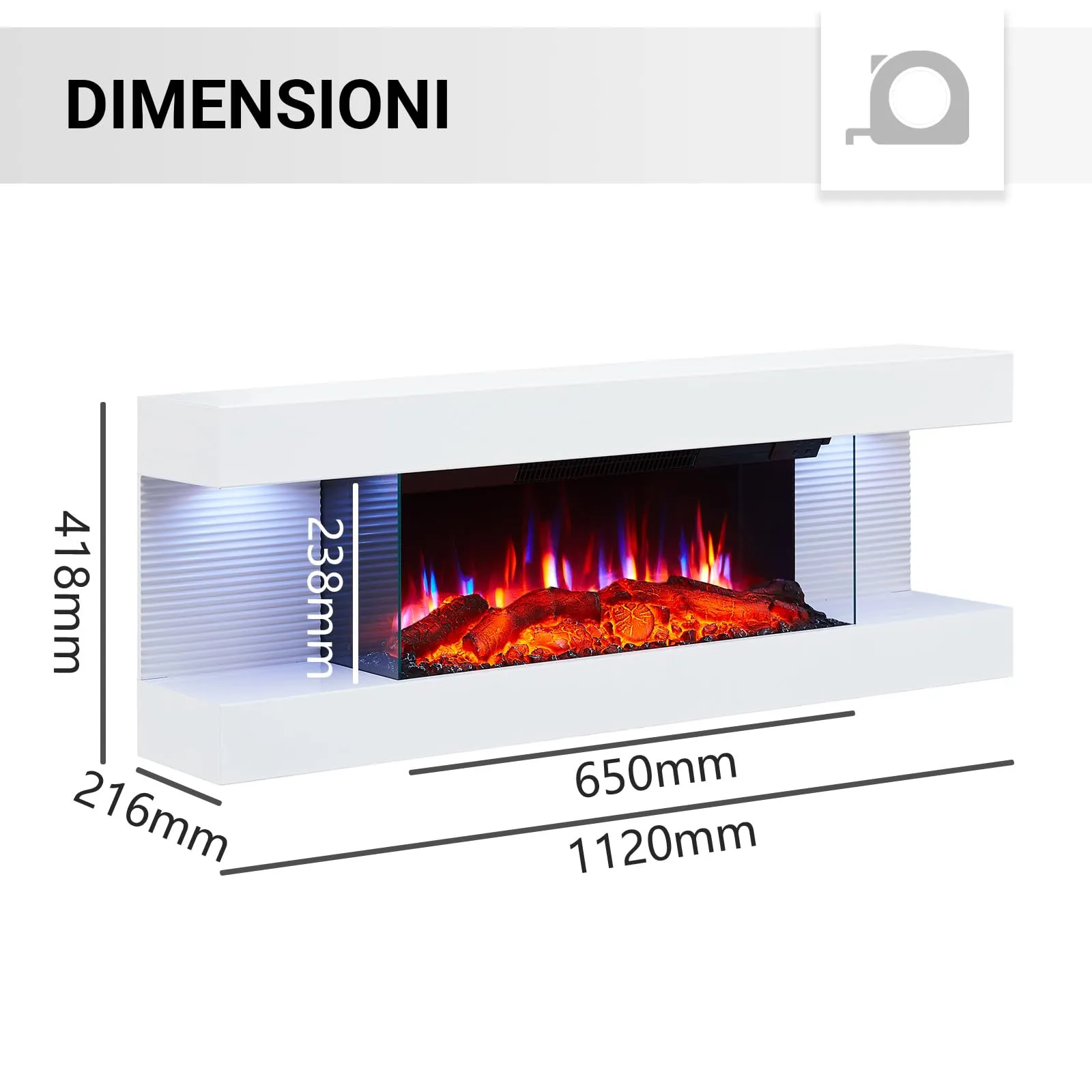 Balderia Lumina Camino Elettrico da Parete con Effetto Fiamma 3D, 1000/2000 W, LED, Telecomando, Timer, Termostato, Bianco - immagine 7