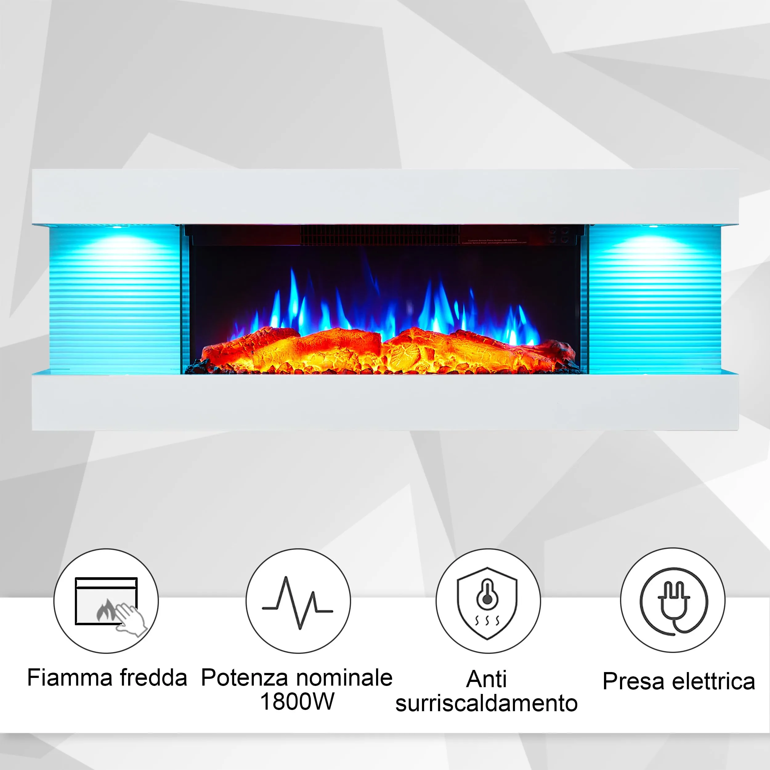 Balderia Lumina Camino Elettrico da Parete con Effetto Fiamma 3D, 1000/2000 W, LED, Telecomando, Timer, Termostato, Bianco - immagine 8