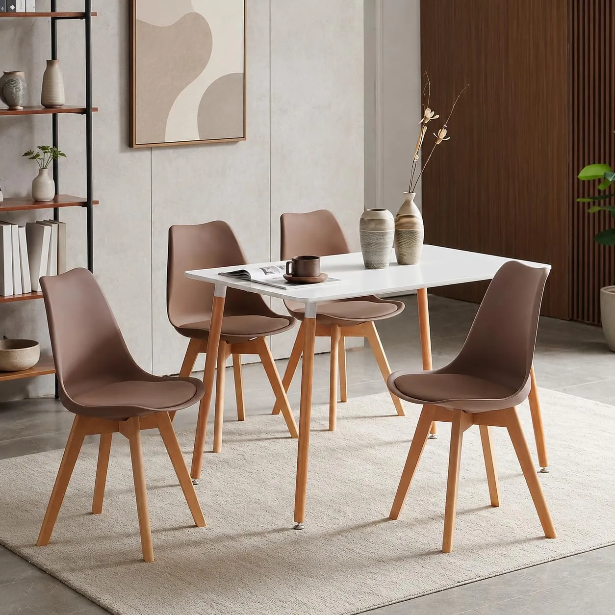 EGGREE Set di 4 Sedie da Pranzo e Cucina in Pelle PU con Gambe in Legno, Marrone Cioccolato - immagine 3