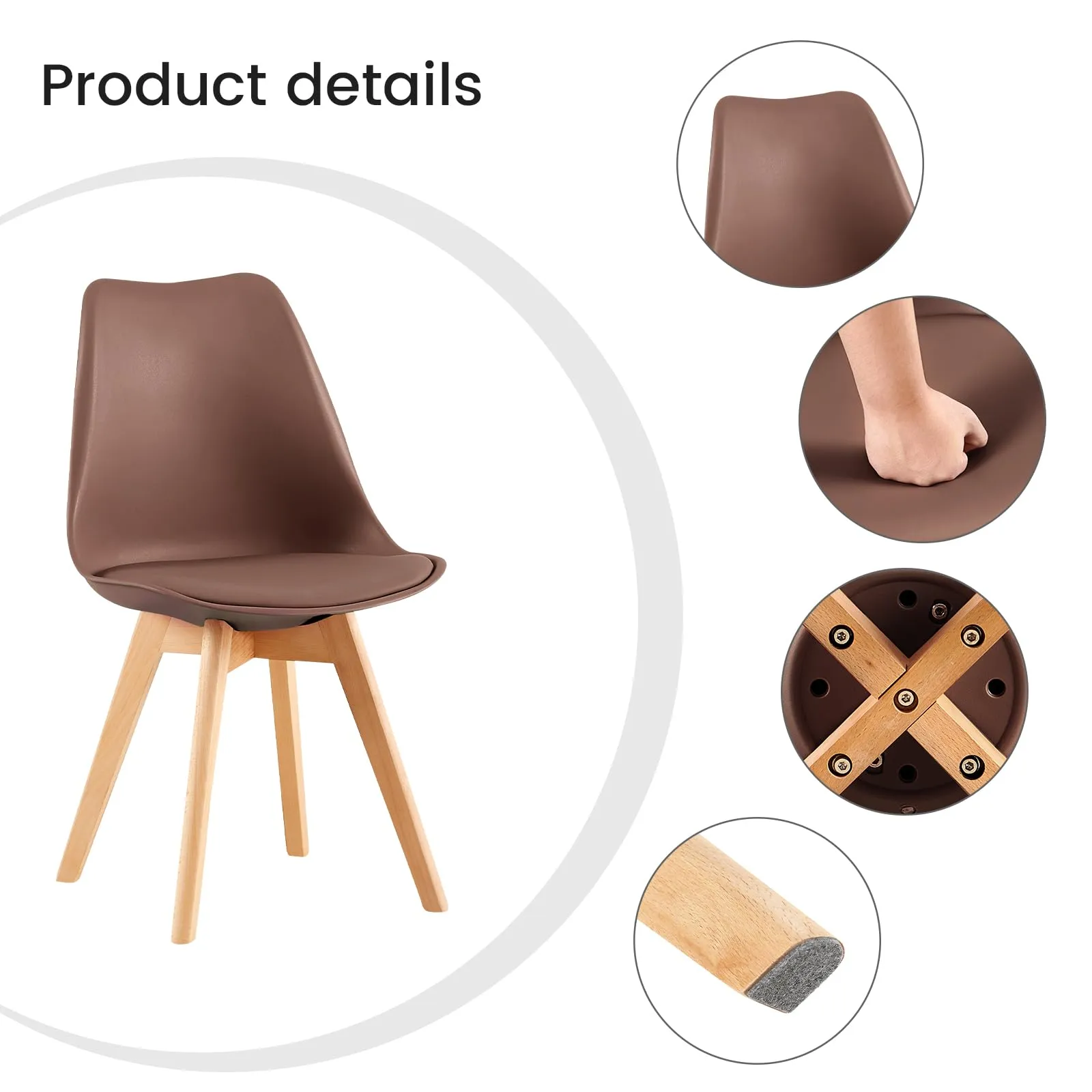 EGGREE Set di 4 Sedie da Pranzo e Cucina in Pelle PU con Gambe in Legno, Marrone Cioccolato - immagine 6