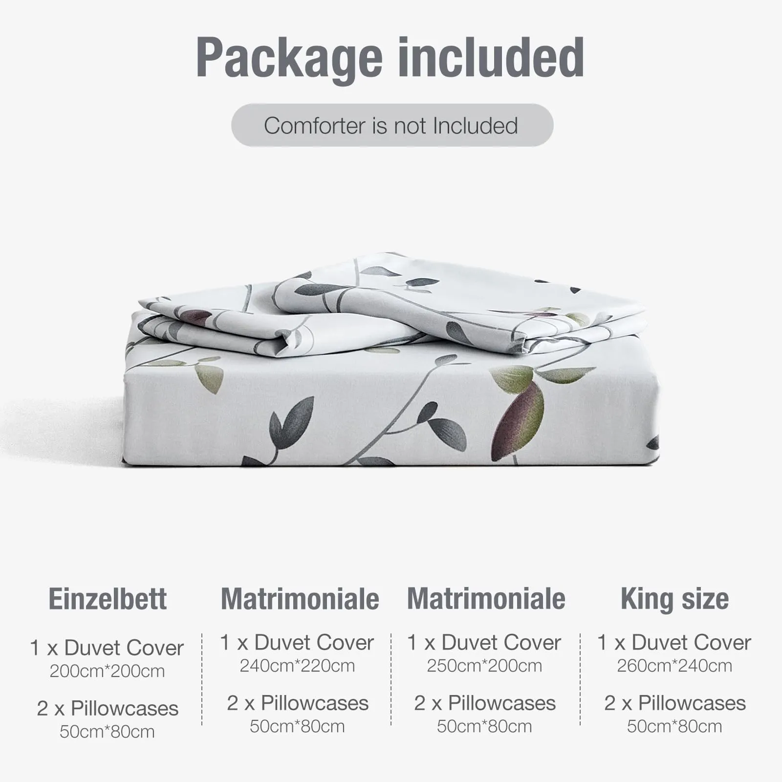 Tokokimo Set Copripiumino Matrimoniale 3 Pezzi in Microfibra, 240x220cm, Motivo a Ramoscelli e Foglie, Bianco/Grigio - immagine 6