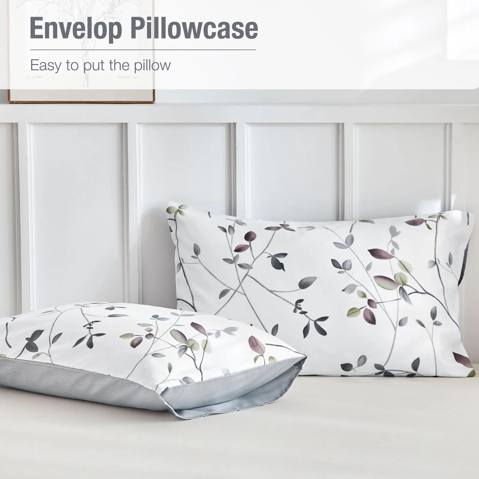 Tokokimo Set Copripiumino Matrimoniale 3 Pezzi in Microfibra, 240x220cm, Motivo a Ramoscelli e Foglie, Bianco/Grigio - immagine 7