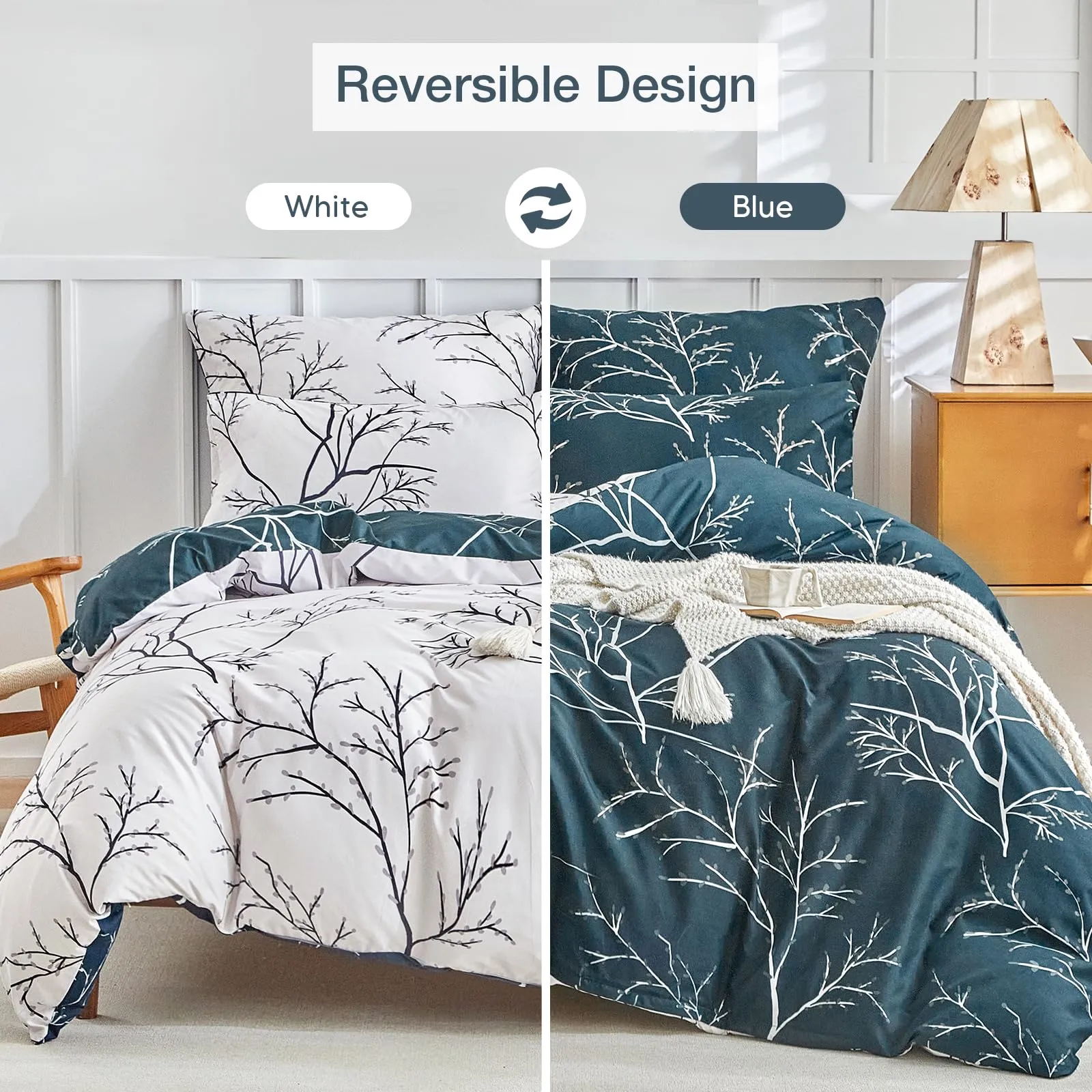Tokokimo Set Copripiumino Matrimoniale 3 Pezzi in Microfibra, Motivo Ramoscelli e Foglie, 240x220cm, Marina/Bianco - immagine 2