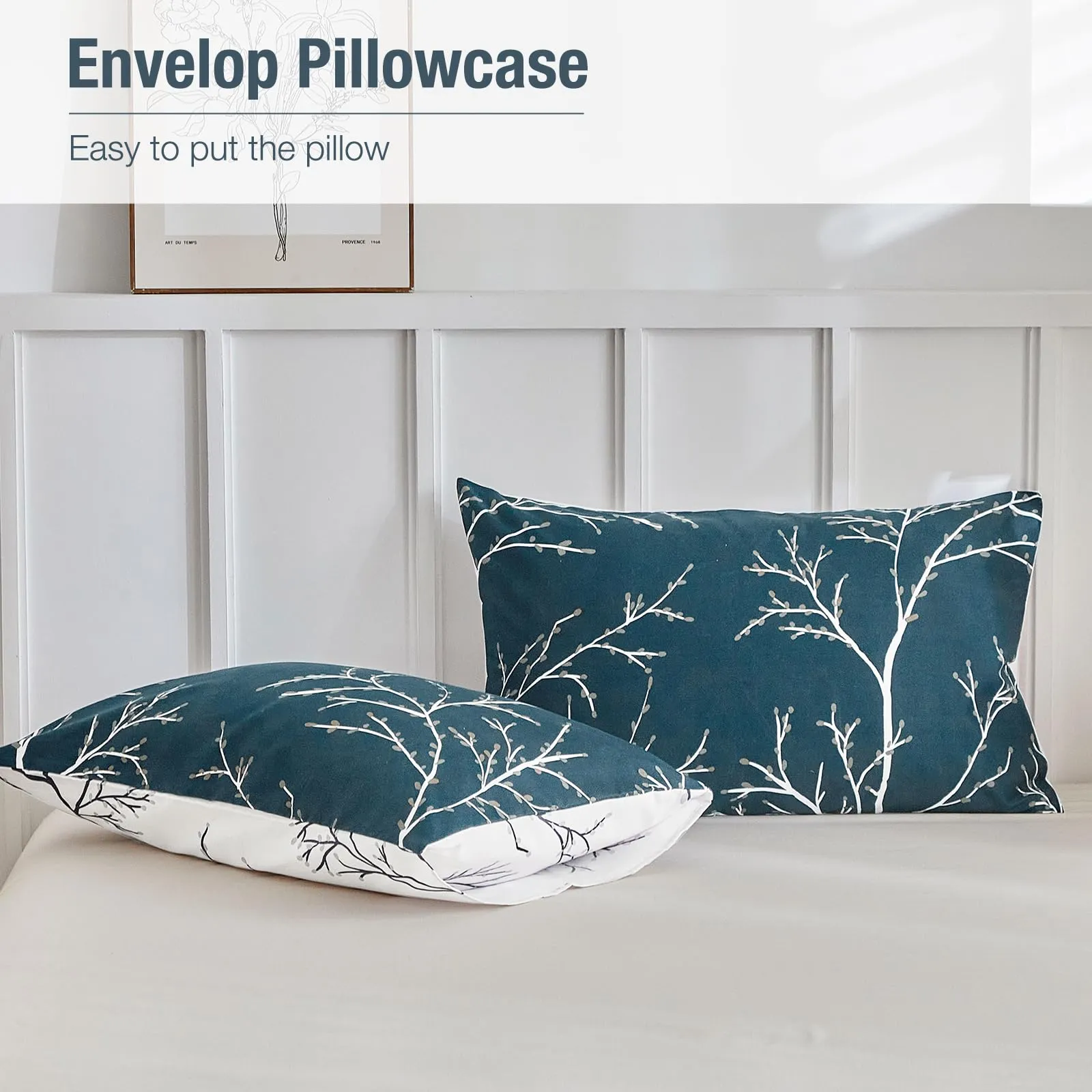 Tokokimo Set Copripiumino Matrimoniale 3 Pezzi in Microfibra, Motivo Ramoscelli e Foglie, 240x220cm, Marina/Bianco - immagine 5