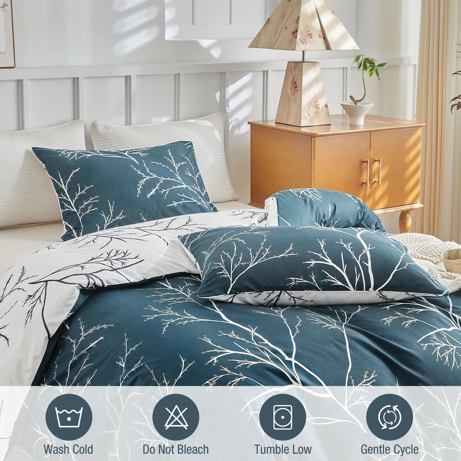Tokokimo Set Copripiumino Matrimoniale 3 Pezzi in Microfibra, Motivo Ramoscelli e Foglie, 240x220cm, Marina/Bianco - immagine 6