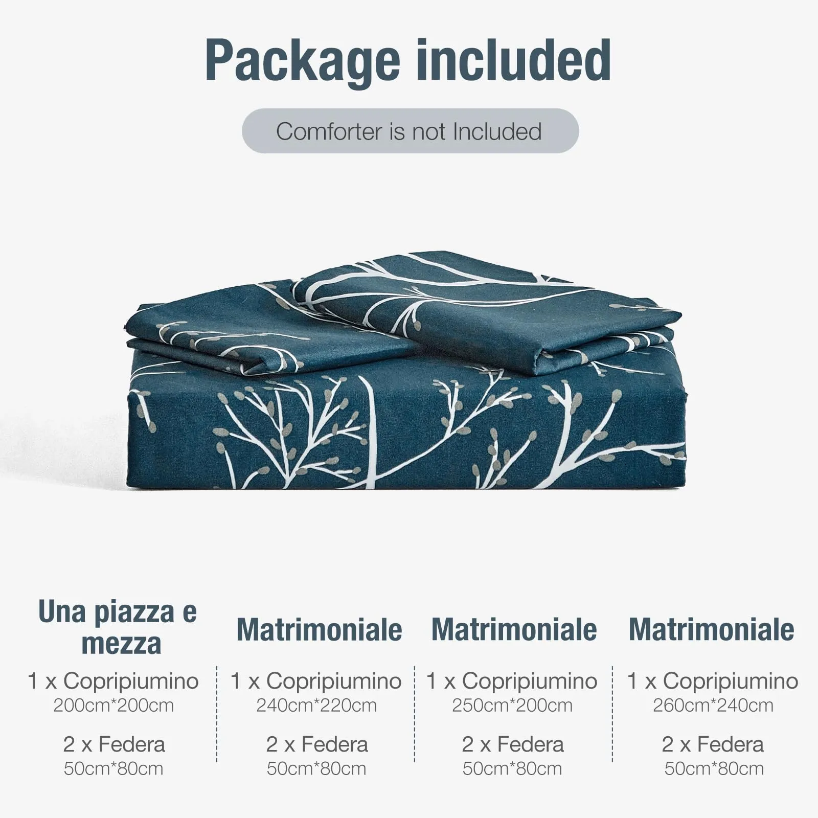 Tokokimo Set Copripiumino Matrimoniale 3 Pezzi in Microfibra, Motivo Ramoscelli e Foglie, 240x220cm, Marina/Bianco - immagine 7