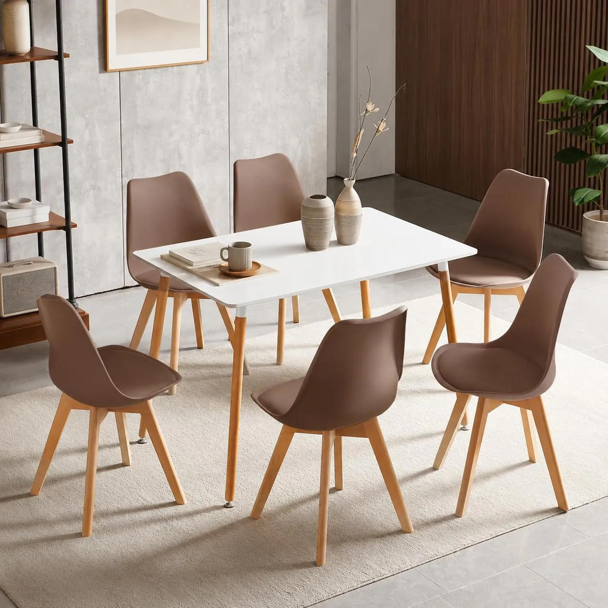 EGGREE Set di 8 Sedie da Pranzo e Cucina in Pelle PU con Gambe in Legno, Marrone Cioccolato - immagine 5