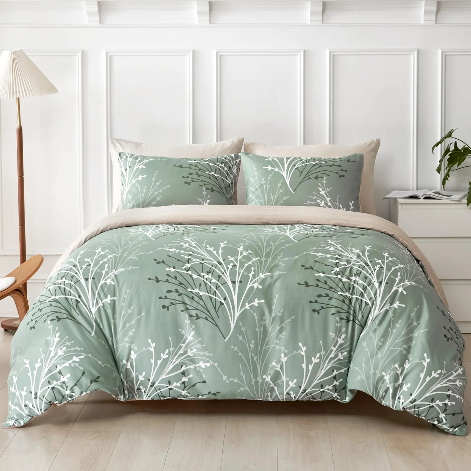 Tokokimo Set Copripiumino Matrimoniale 3 Pezzi in Microfibra, Motivo Ramoscelli e Foglie, 240x220cm, Verde - immagine 1
