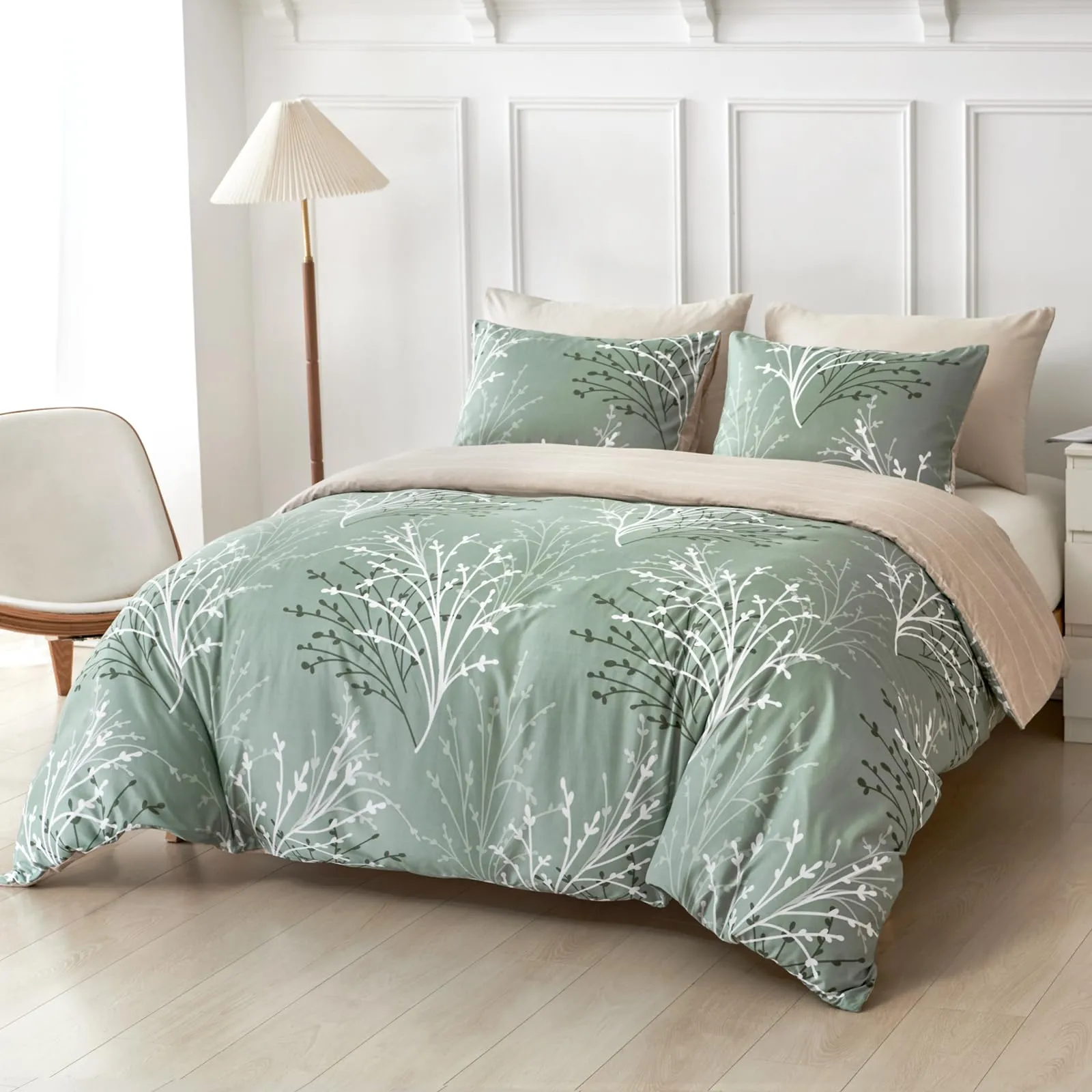 Tokokimo Set Copripiumino Matrimoniale 3 Pezzi in Microfibra, Motivo Ramoscelli e Foglie, 240x220cm, Verde - immagine 2