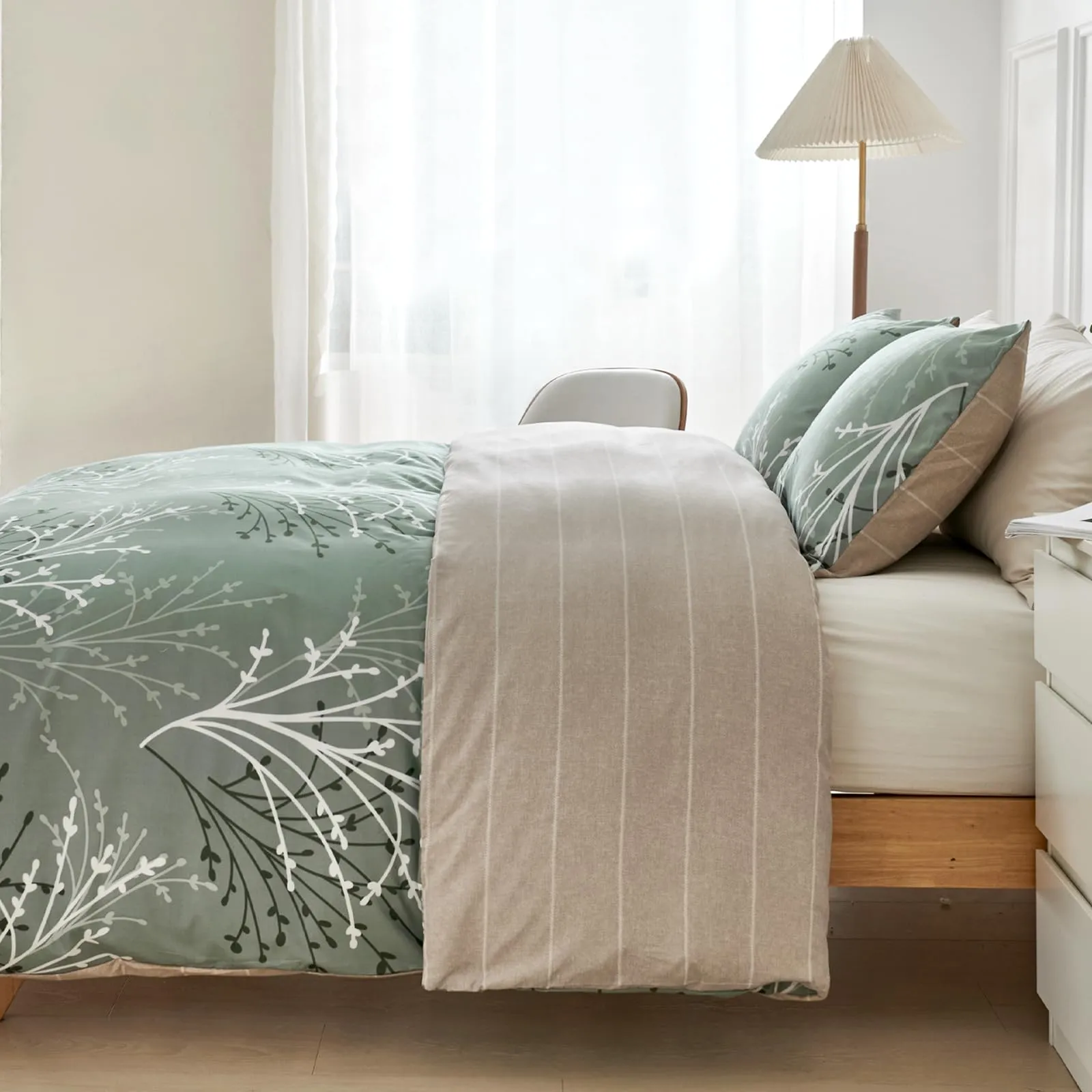 Tokokimo Set Copripiumino Matrimoniale 3 Pezzi in Microfibra, Motivo Ramoscelli e Foglie, 240x220cm, Verde - immagine 3