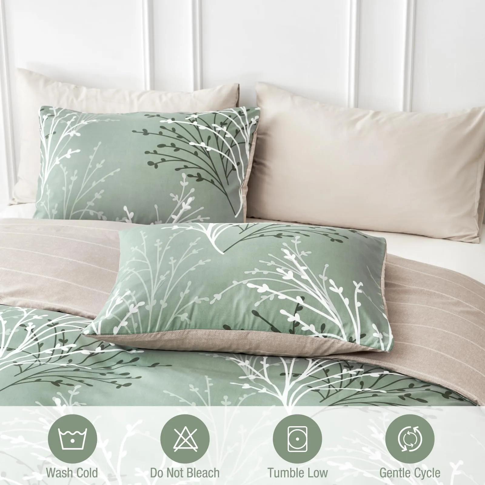 Tokokimo Set Copripiumino Matrimoniale 3 Pezzi in Microfibra, Motivo Ramoscelli e Foglie, 240x220cm, Verde - immagine 4