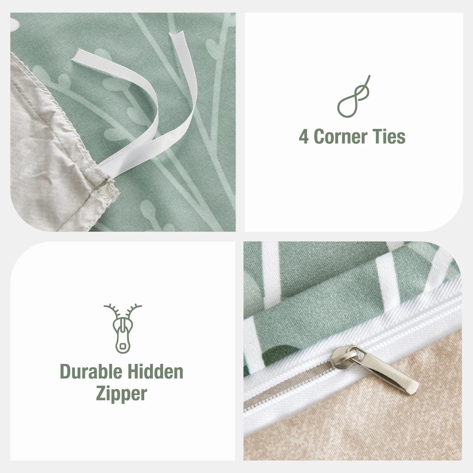 Tokokimo Set Copripiumino Matrimoniale 3 Pezzi in Microfibra, Motivo Ramoscelli e Foglie, 240x220cm, Verde - immagine 5