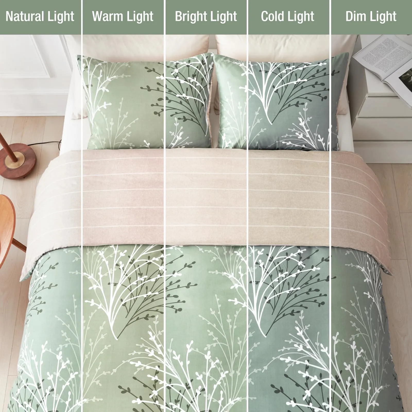 Tokokimo Set Copripiumino Matrimoniale 3 Pezzi in Microfibra, Motivo Ramoscelli e Foglie, 240x220cm, Verde - immagine 7