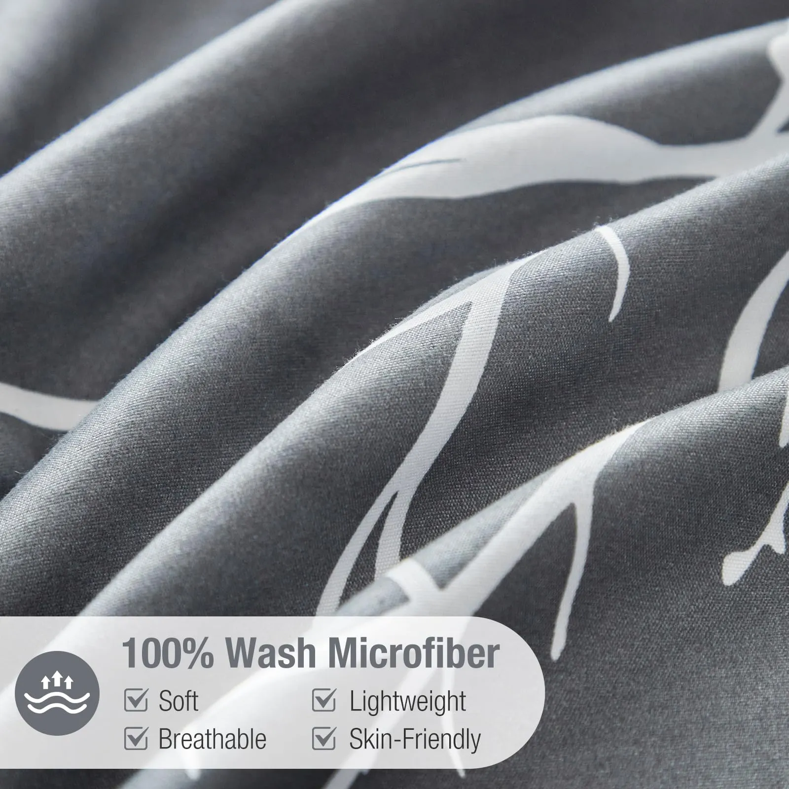 Tokokimo Set Copripiumino Matrimoniale 3 Pezzi in Microfibra, 240x220cm, con Motivo a Ramoscelli e Foglie, Grigio/Bianco - immagine 4