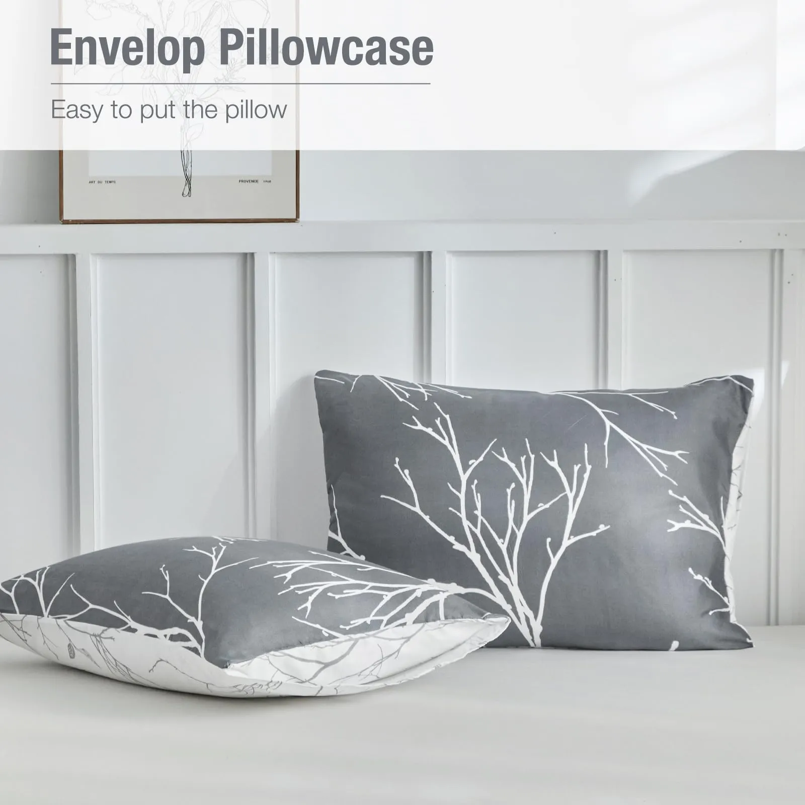 Tokokimo Set Copripiumino Matrimoniale 3 Pezzi in Microfibra, 240x220cm, con Motivo a Ramoscelli e Foglie, Grigio/Bianco - immagine 6