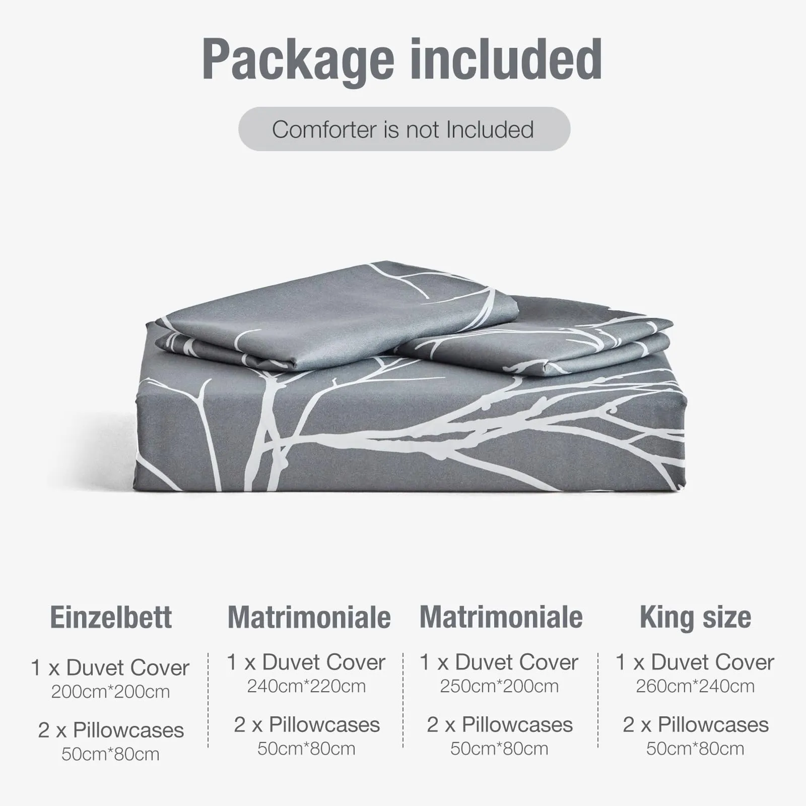 Tokokimo Set Copripiumino Matrimoniale 3 Pezzi in Microfibra, 240x220cm, con Motivo a Ramoscelli e Foglie, Grigio/Bianco - immagine 7