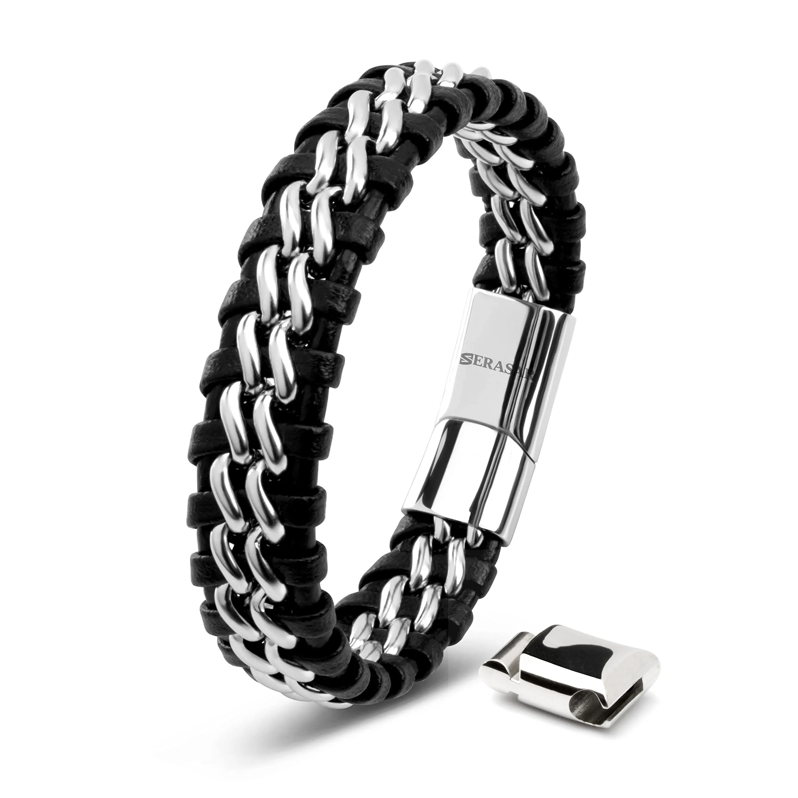 SERASAR Lederen Armband Steel voor Heren, Roestvrijstalen Magnetische Sluiting, 17cm - immagine 1