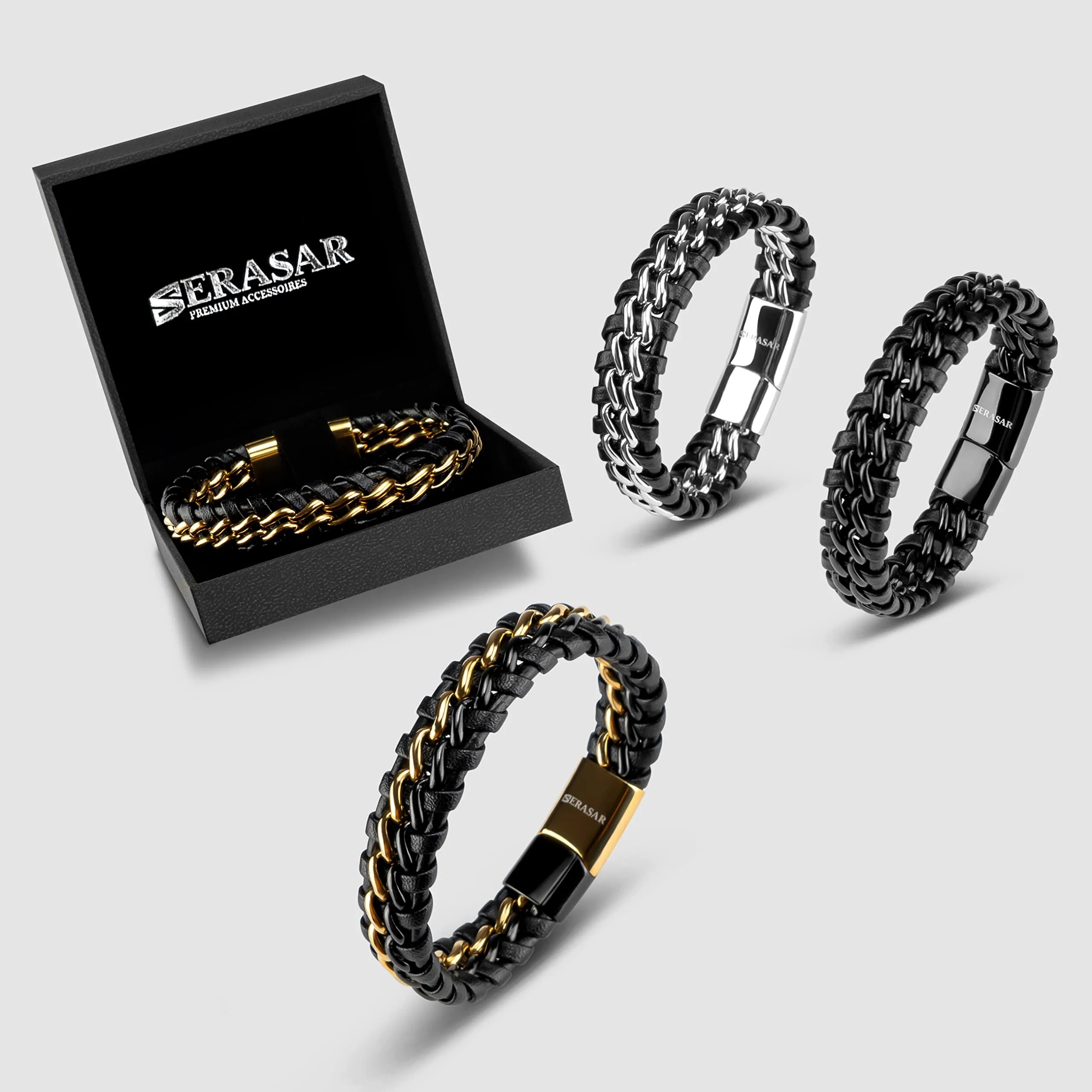 SERASAR Lederen Armband Steel voor Heren, Roestvrijstalen Magnetische Sluiting, 17cm - immagine 7