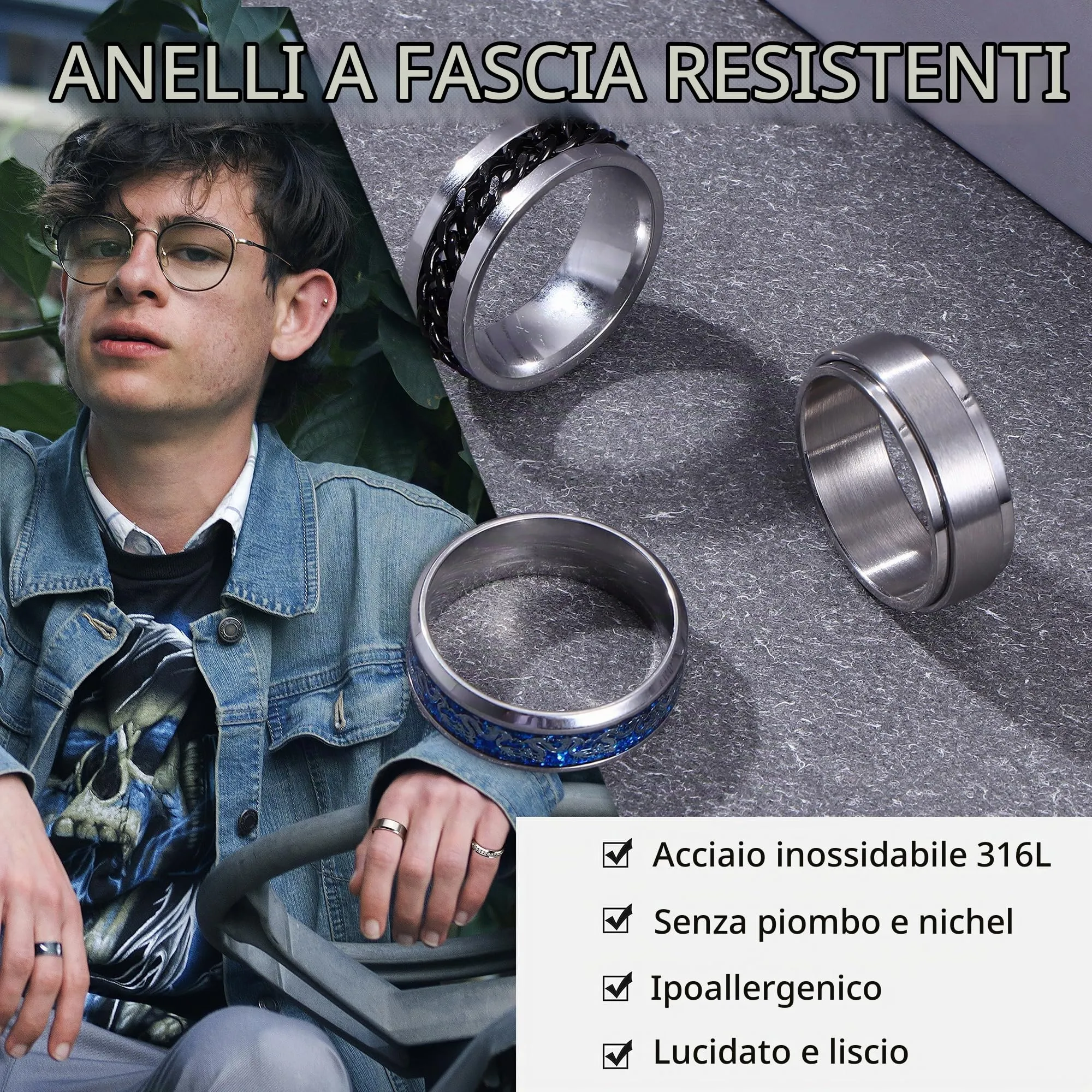ADRAMATA Set di 9 Anelli in Acciaio Inossidabile per Uomo e Donna, Anelli Antistress Fidget e Fedi Nuziali, Nero e Argento - immagine 4