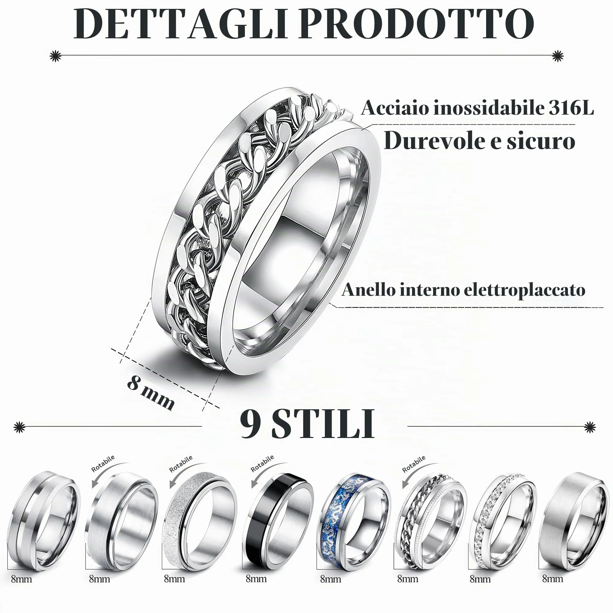 ADRAMATA Set di 9 Anelli in Acciaio Inossidabile per Uomo e Donna, Anelli Antistress Fidget e Fedi Nuziali, Nero e Argento - immagine 2