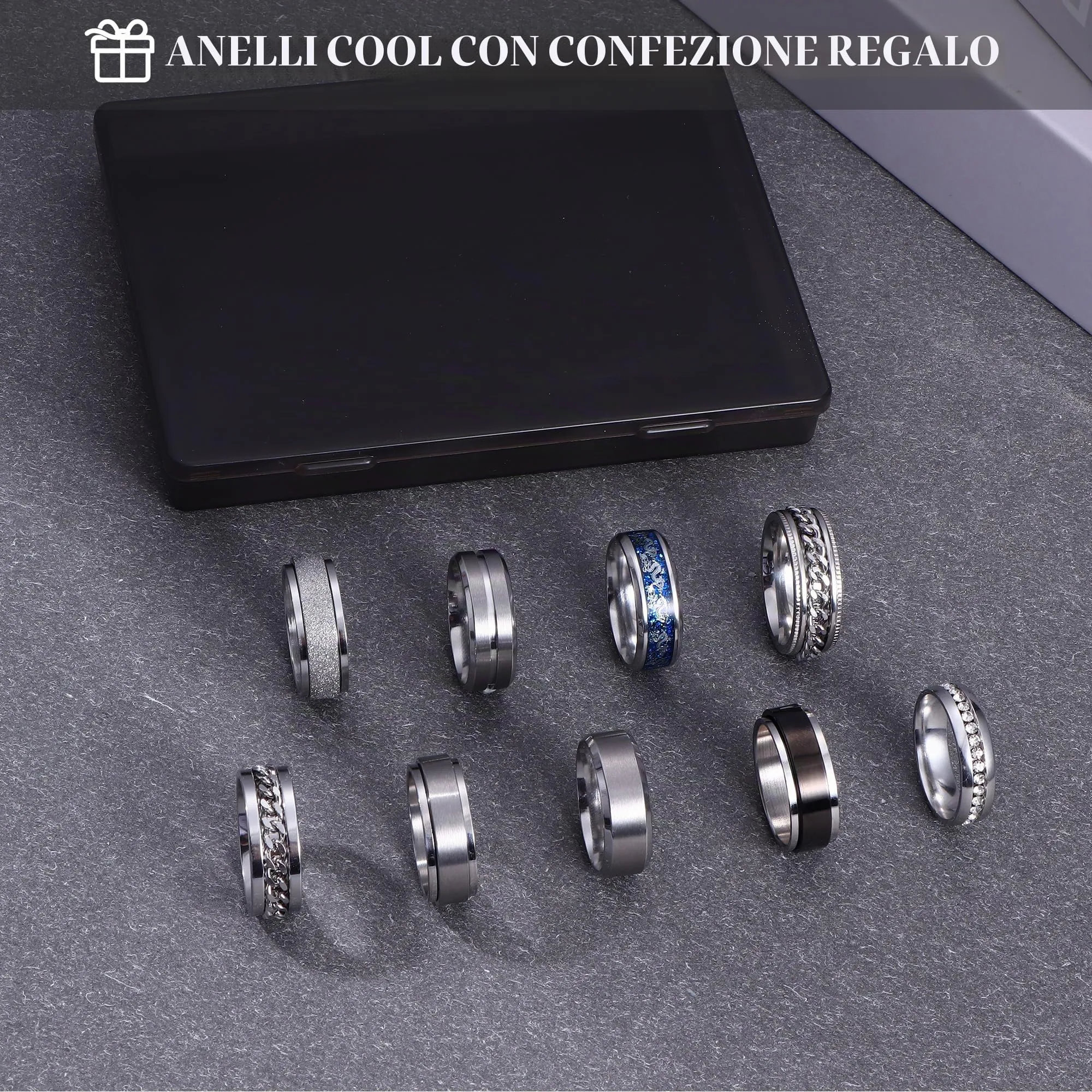 ADRAMATA Set di 9 Anelli in Acciaio Inossidabile per Uomo e Donna, Anelli Antistress Fidget e Fedi Nuziali, Nero e Argento - immagine 3