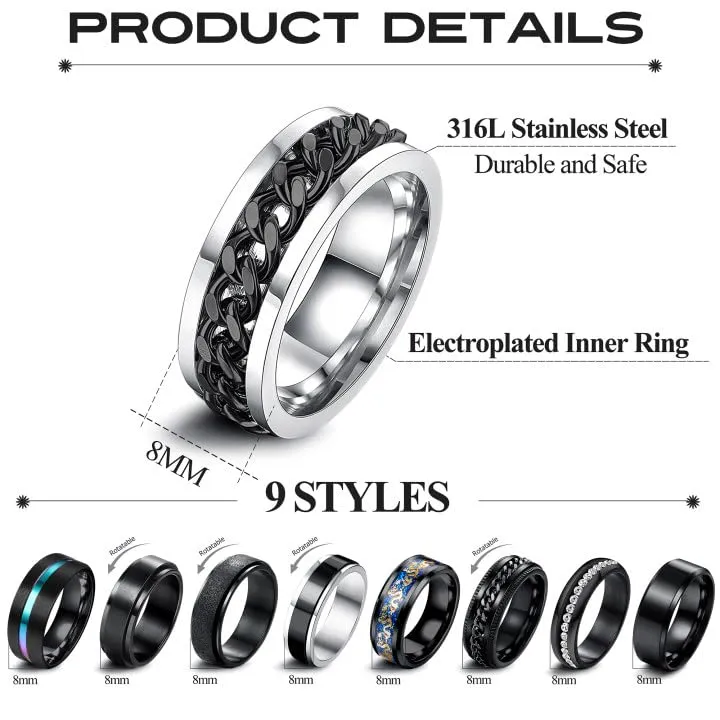 ADRAMATA Set di 9 Anelli in Acciaio Inossidabile per Uomo e Donna, Anelli Antistress Fidget e Fedi Nuziali, Nero e Argento - immagine 2