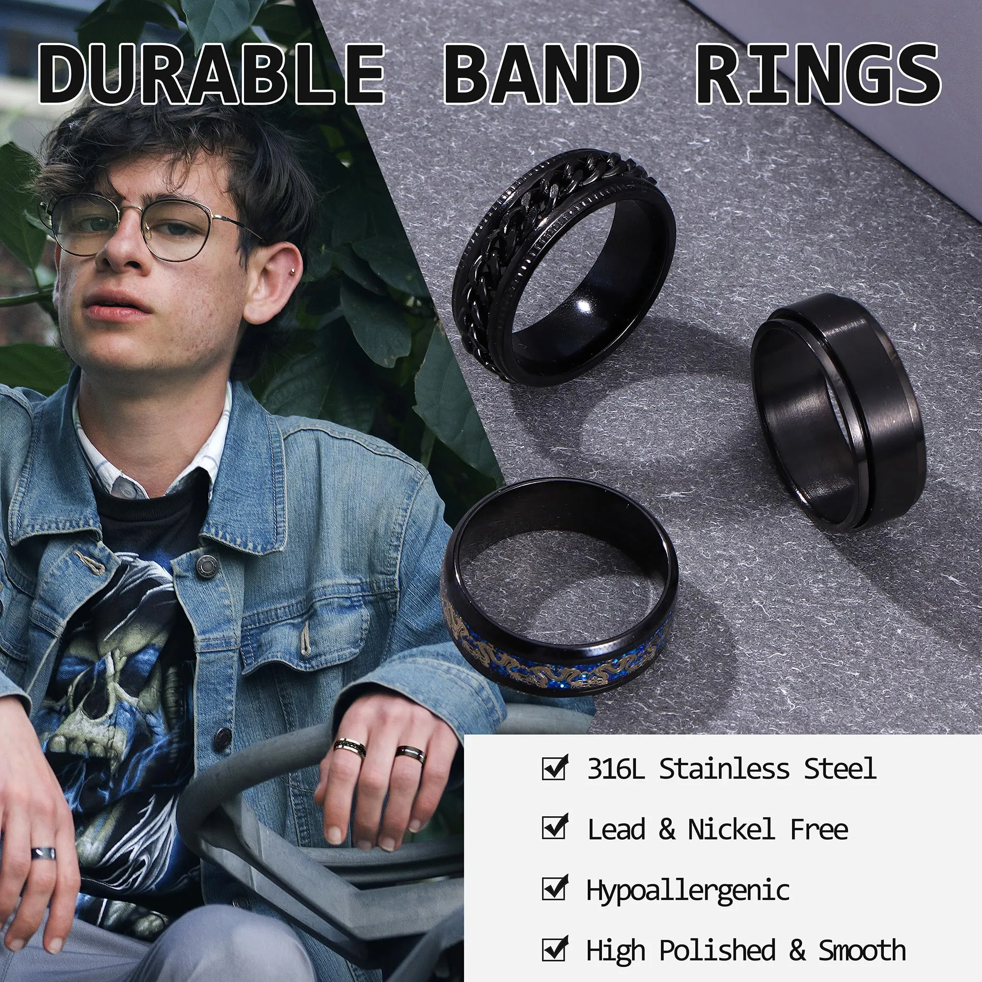 ADRAMATA Set di 9 Anelli in Acciaio Inossidabile per Uomo e Donna, Anelli Antistress Fidget e Fedi Nuziali, Nero e Argento - immagine 4