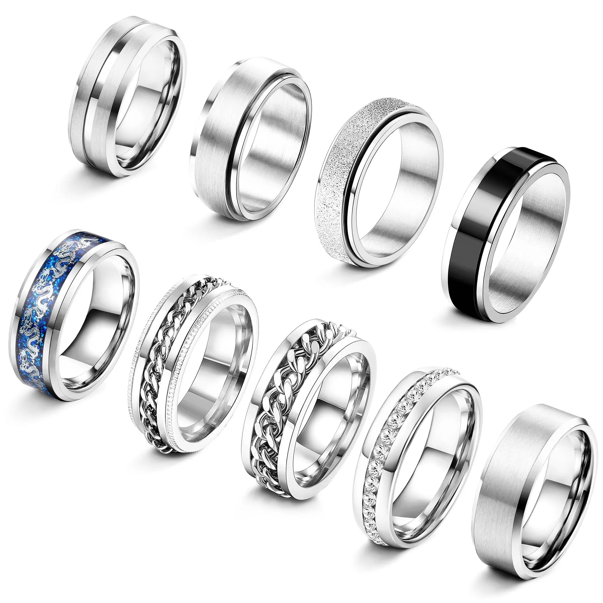 ADRAMATA Set di 9 Anelli in Acciaio Inossidabile per Uomo e Donna, Anelli Antistress Fidget e Fedi Nuziali, Nero e Argento - immagine 1