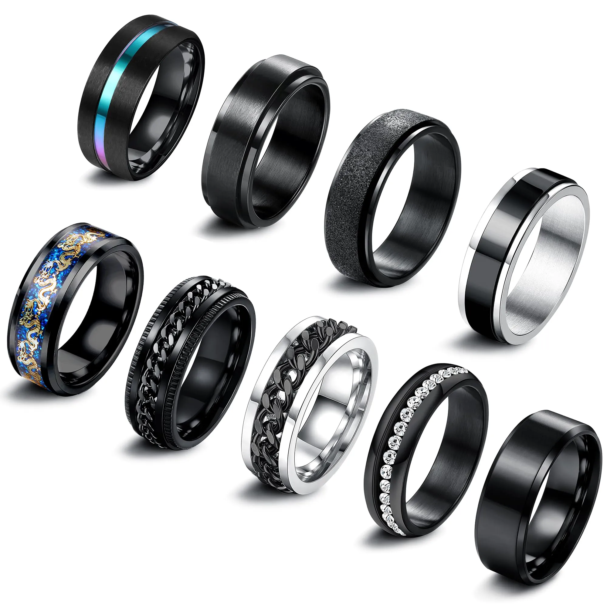 ADRAMATA Set di 9 Anelli in Acciaio Inossidabile Antistress Fidget, Nero e Argento - immagine 1