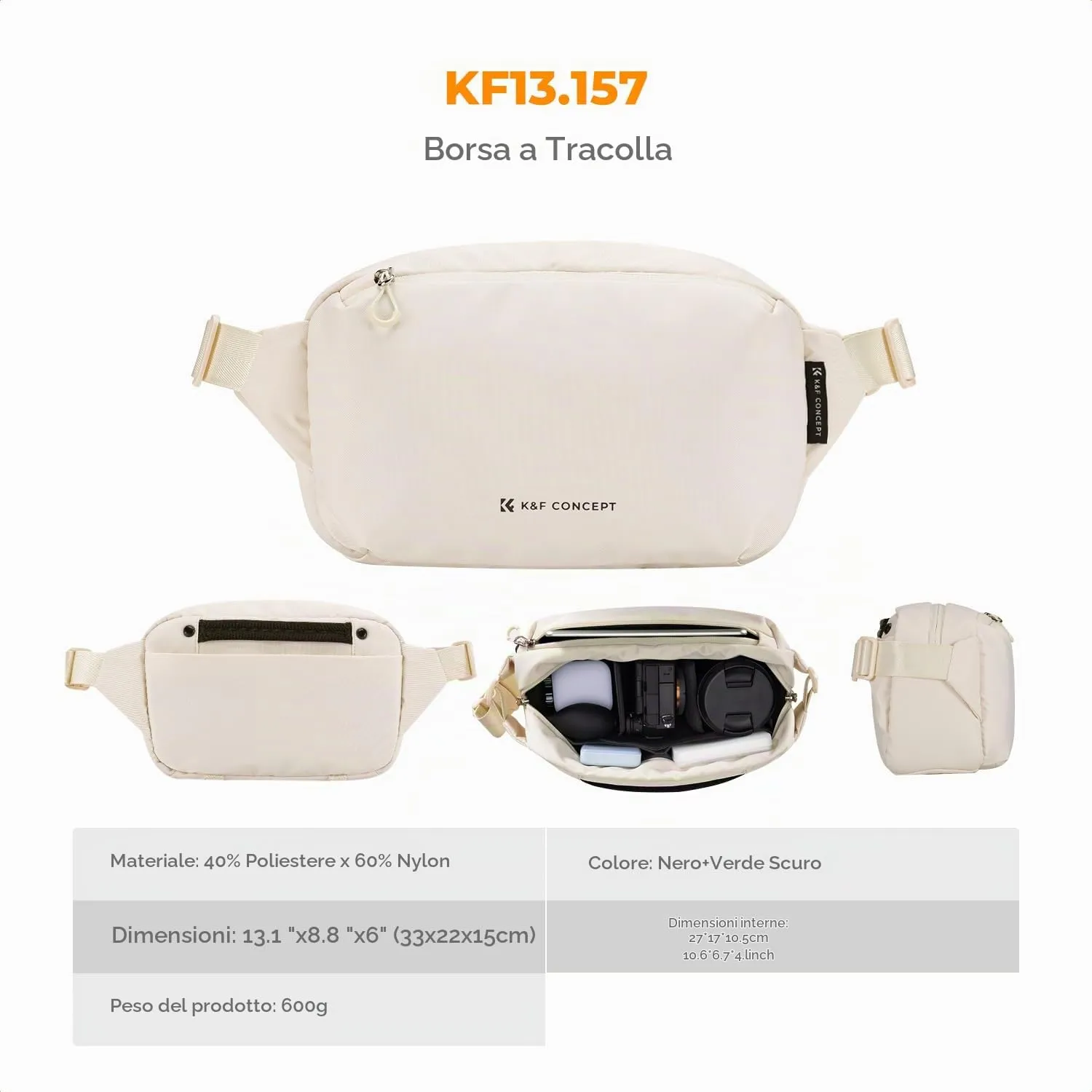 K&F Concept Borsa Foto Tracolla Impermeabile Antiurto 33cm Verde Nero - immagine 7