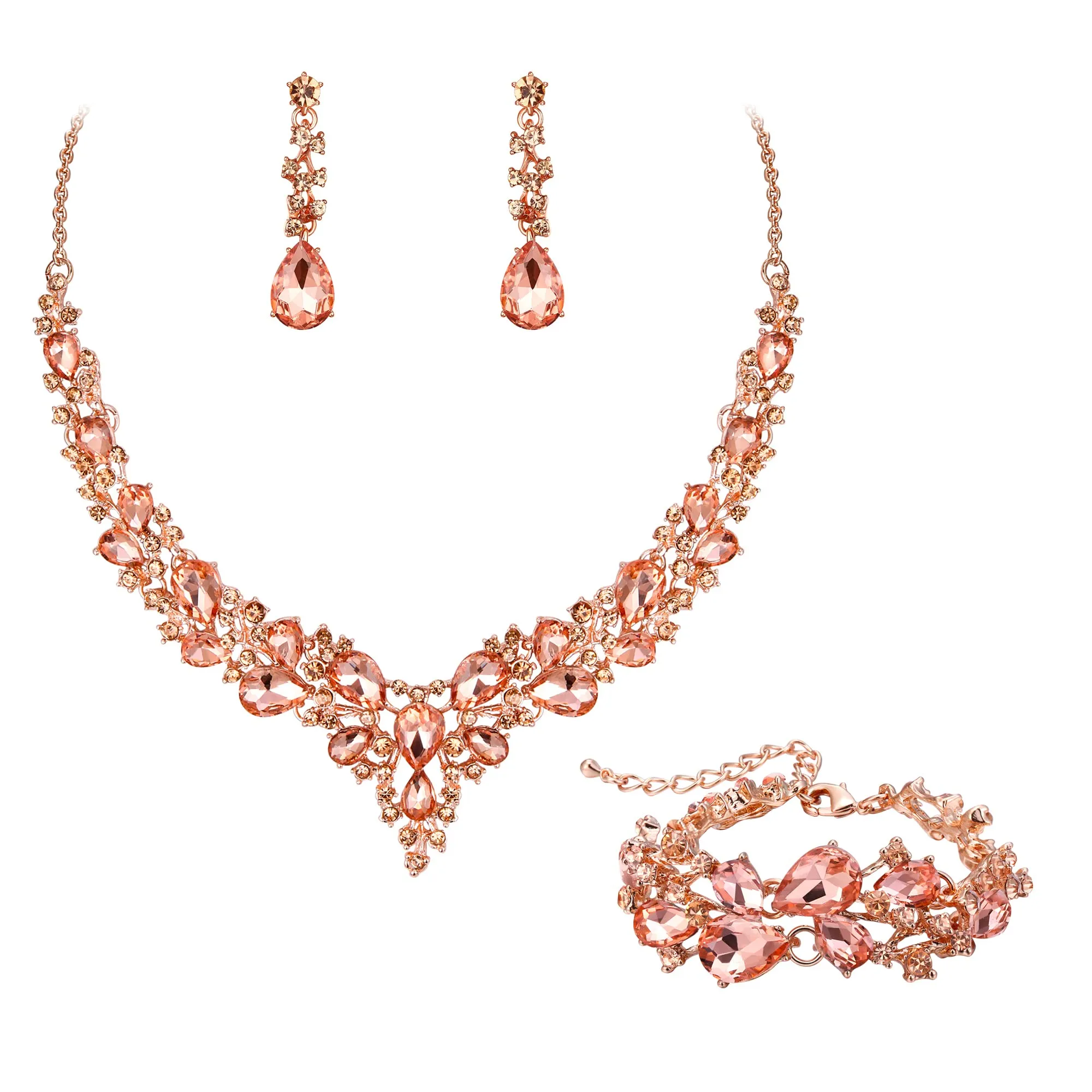 EVER FAITH Set Gioielli da Sposa in Cristallo Austriaco con Collana, Orecchini e Bracciale - Colore Champagne - immagine 1