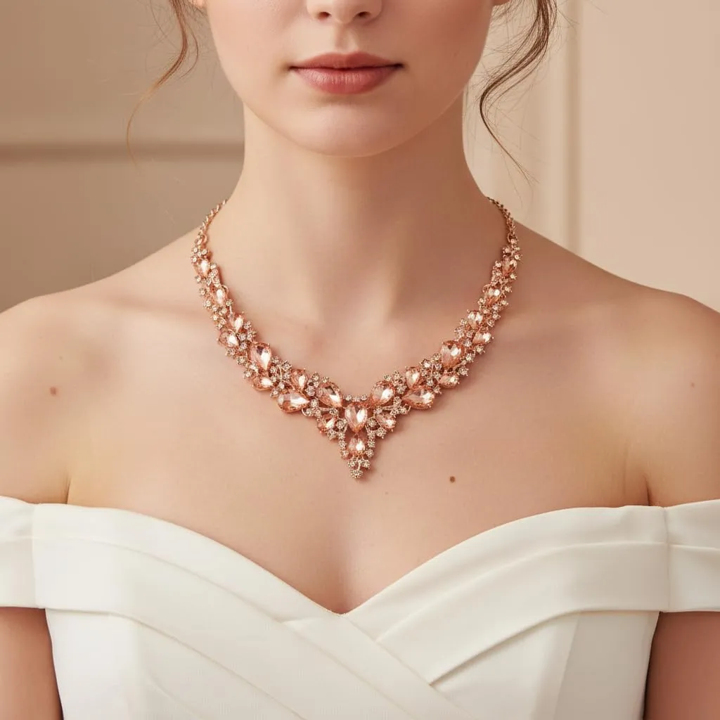 EVER FAITH Set Gioielli da Sposa in Cristallo Austriaco con Collana, Orecchini e Bracciale - Colore Champagne - immagine 3