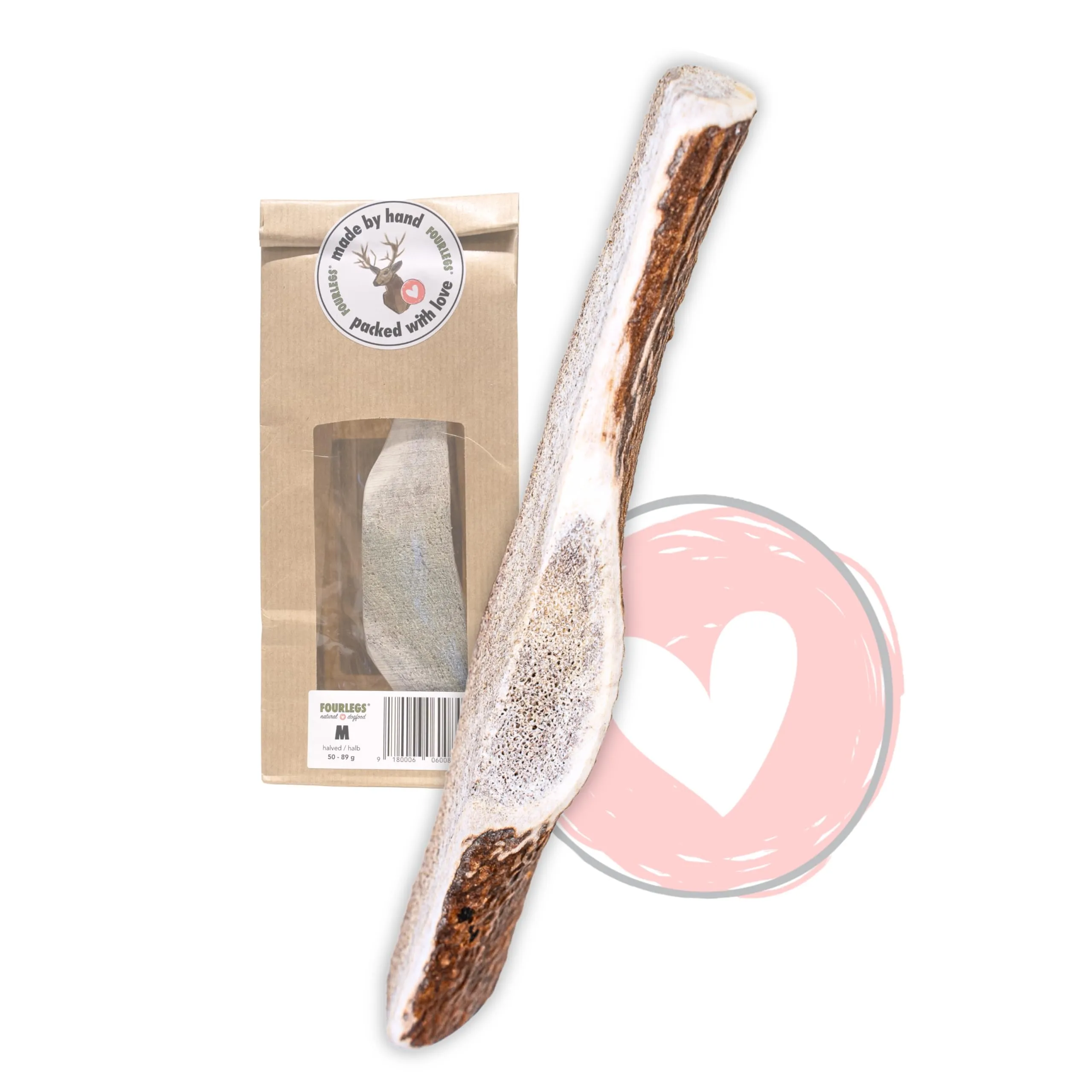 FOURLEGS Snack per Cani 100% Corno di Cervo, Masticativi Naturali, Taglia M Metà - immagine 1