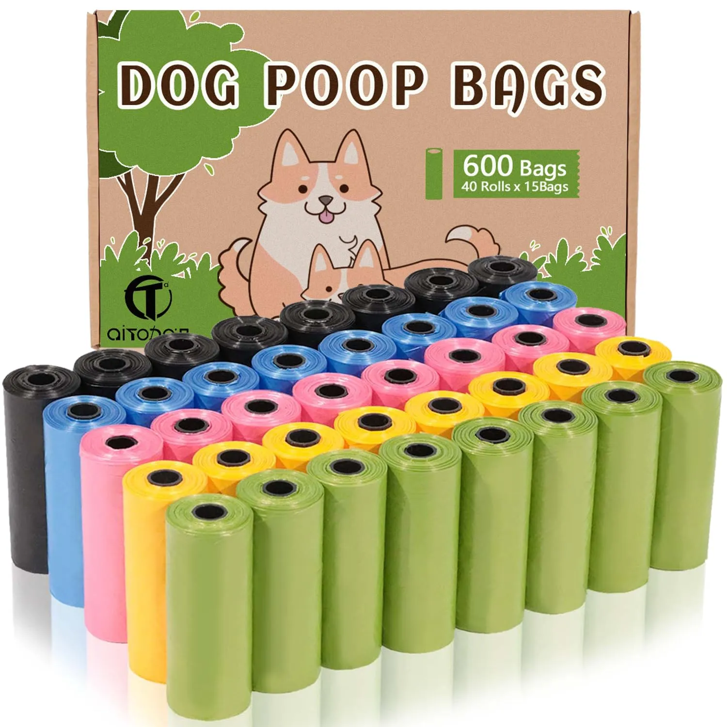 AiTodos Sacchetti Cane Cacca, 31x22 cm, PE, 5 Colori, 600 Pezzi (40 Rotoli x 15) - immagine 1