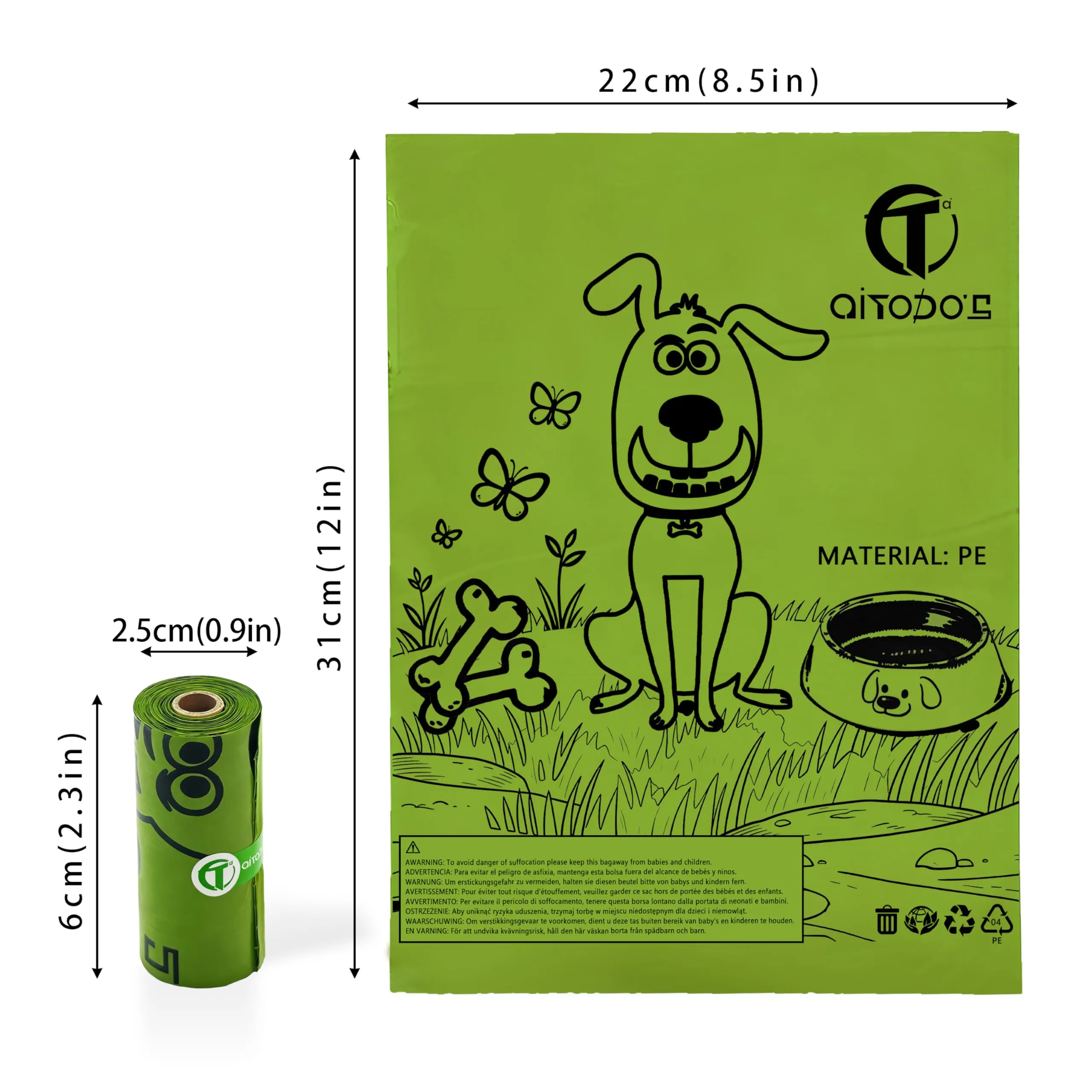 AiTodos Sacchetti Cane Cacca, 31×22 cm, PE, Verde, 300 pezzi (20 rotoli x 15) - immagine 2