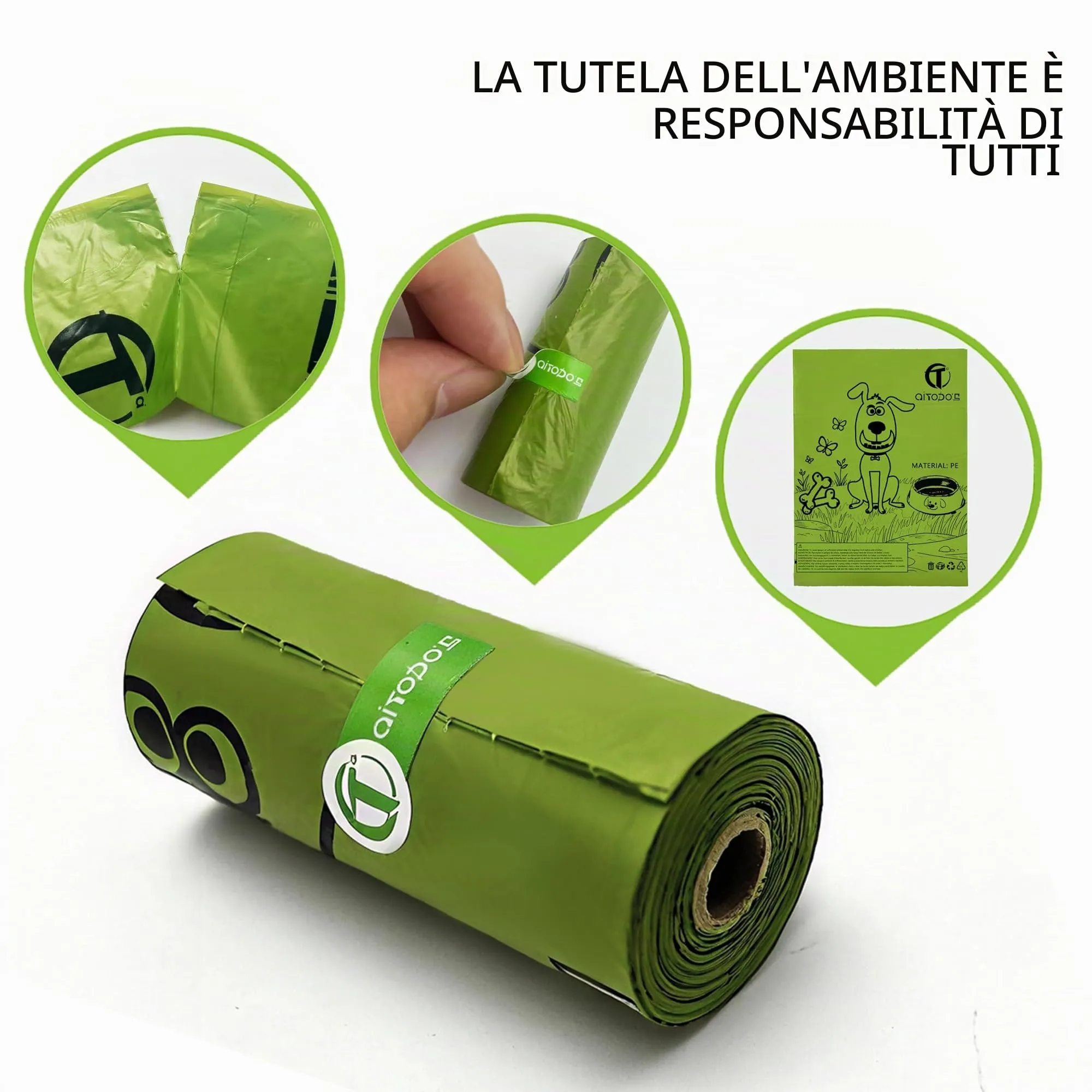 AiTodos Sacchetti Cane Cacca, 31×22 cm, PE, Verde, 300 pezzi (20 rotoli x 15) - immagine 3