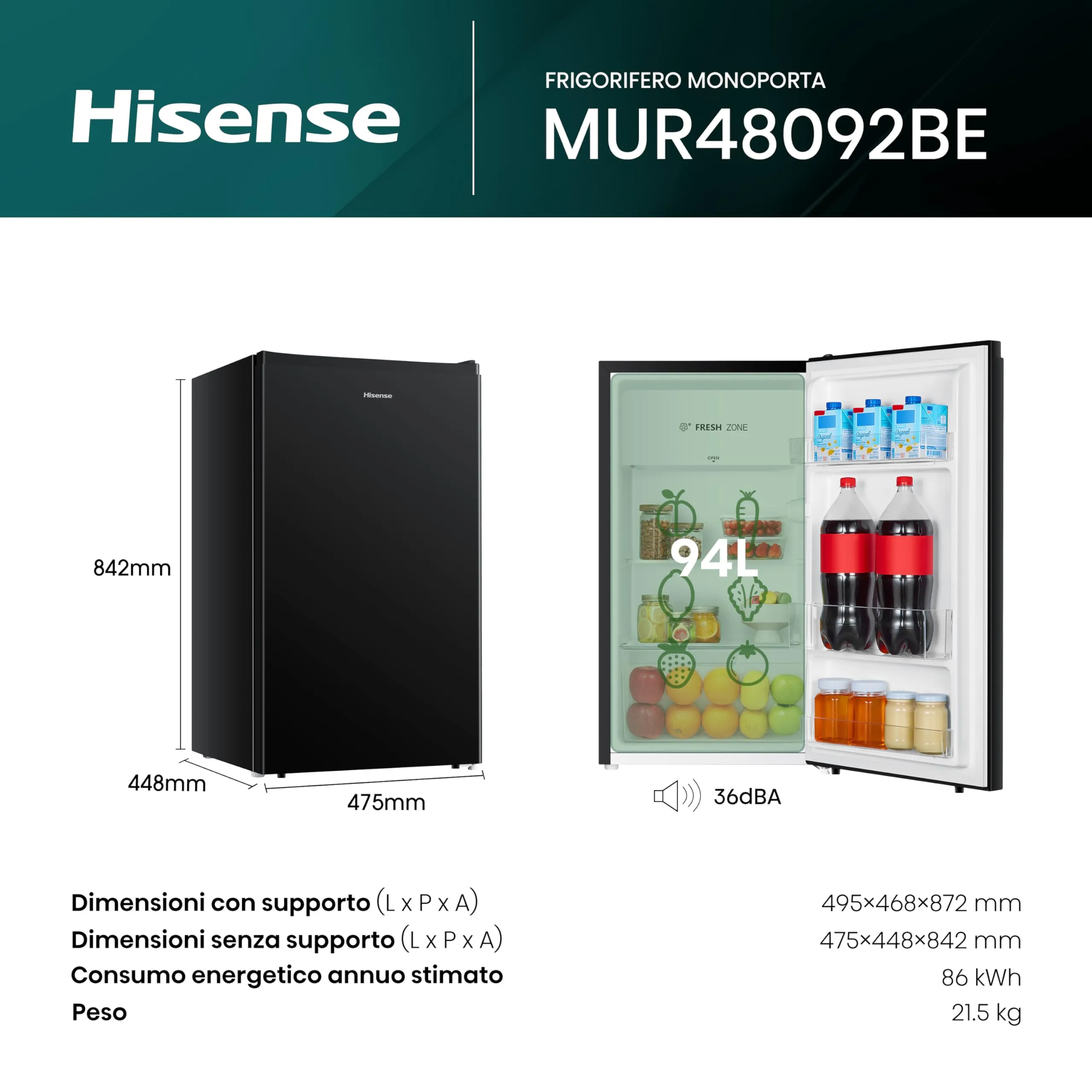 Hisense MUR48092BE Frigorifero Monoporta, Classe E, 94 Litri, Nero - immagine 3