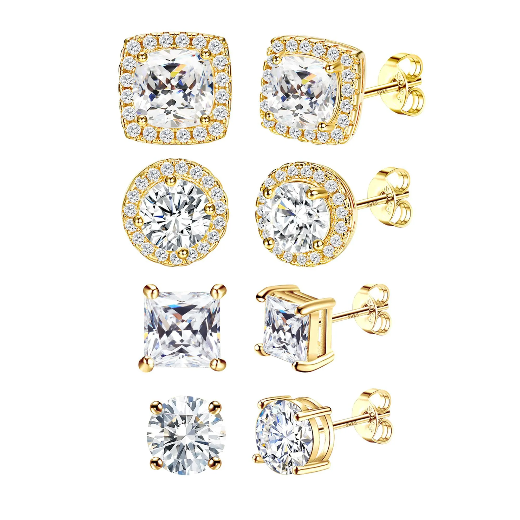 Dochais Set 4 Paia Orecchini Argento 925 Placcati Oro 14k con Zirconi 6-10mm, Unisex - immagine 1