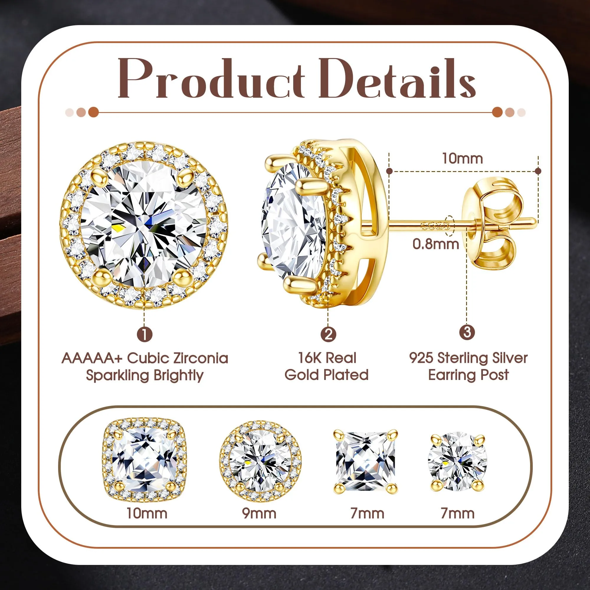Dochais Set 4 Paia Orecchini Argento 925 Placcati Oro 14k con Zirconi 6-10mm, Unisex - immagine 2