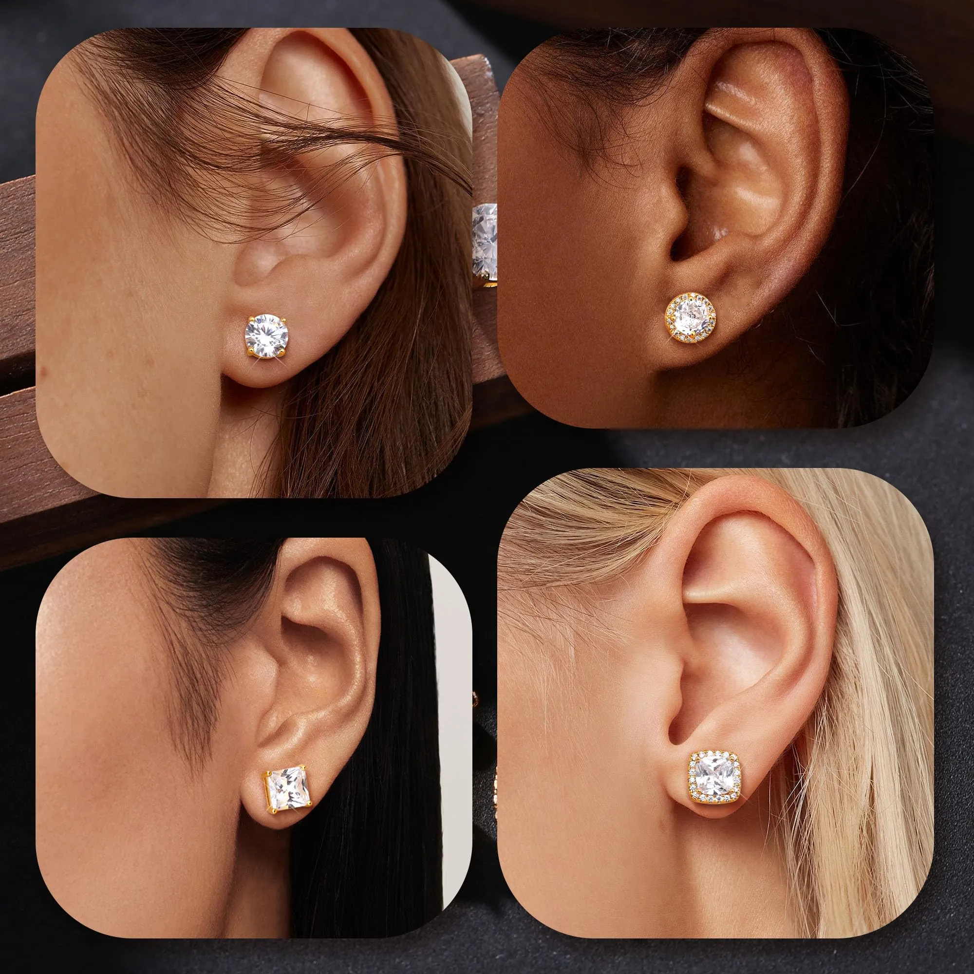 Dochais Set 4 Paia Orecchini Argento 925 Placcati Oro 14k con Zirconi 6-10mm, Unisex - immagine 4