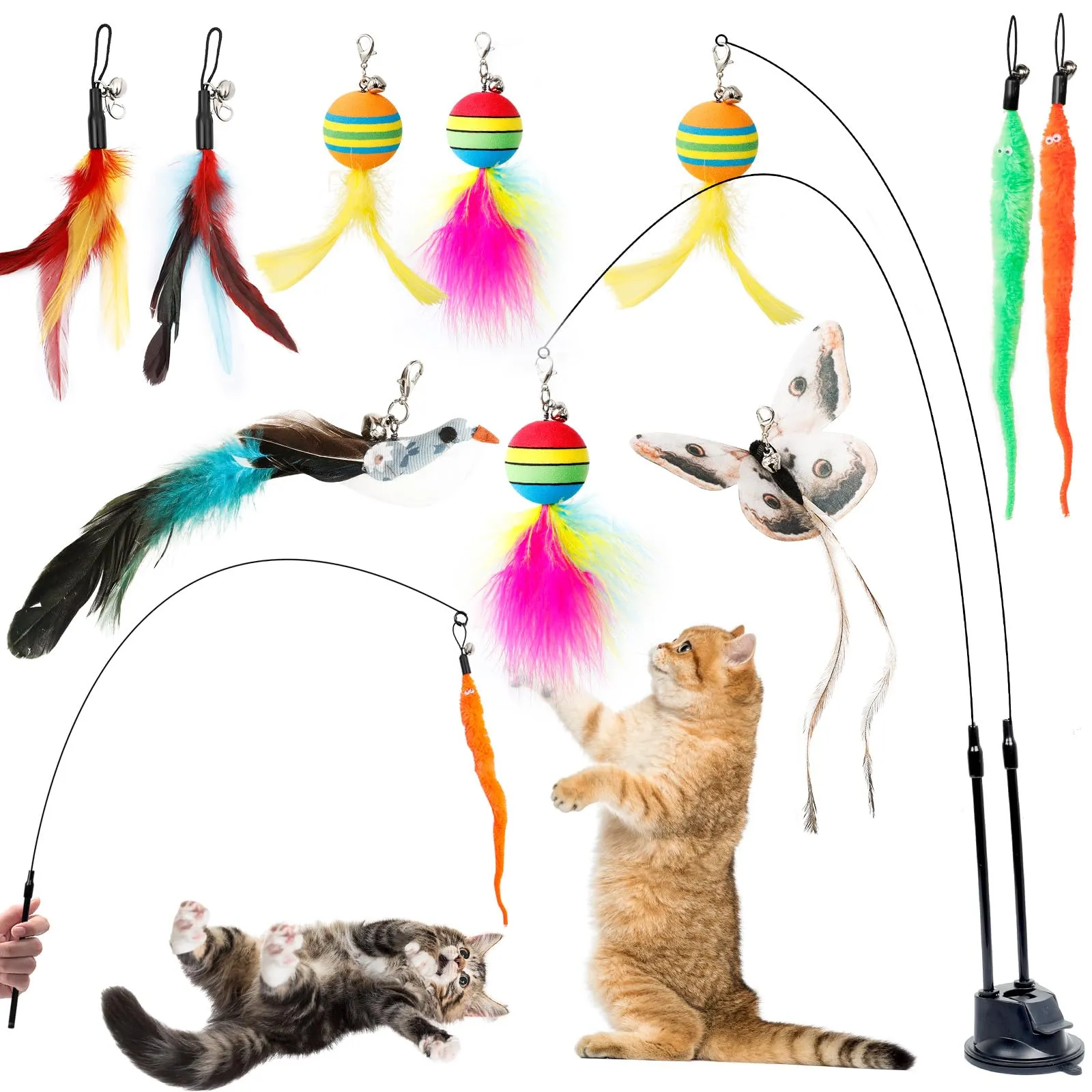 AiQInu Giochi per Gatti, Set di 11 Pezzi Interattivi con Ventosa, 2 Canne da Pesca, Uccelli in Piuma, Bruchi e Bacchetta di Intelligenza - immagine 1
