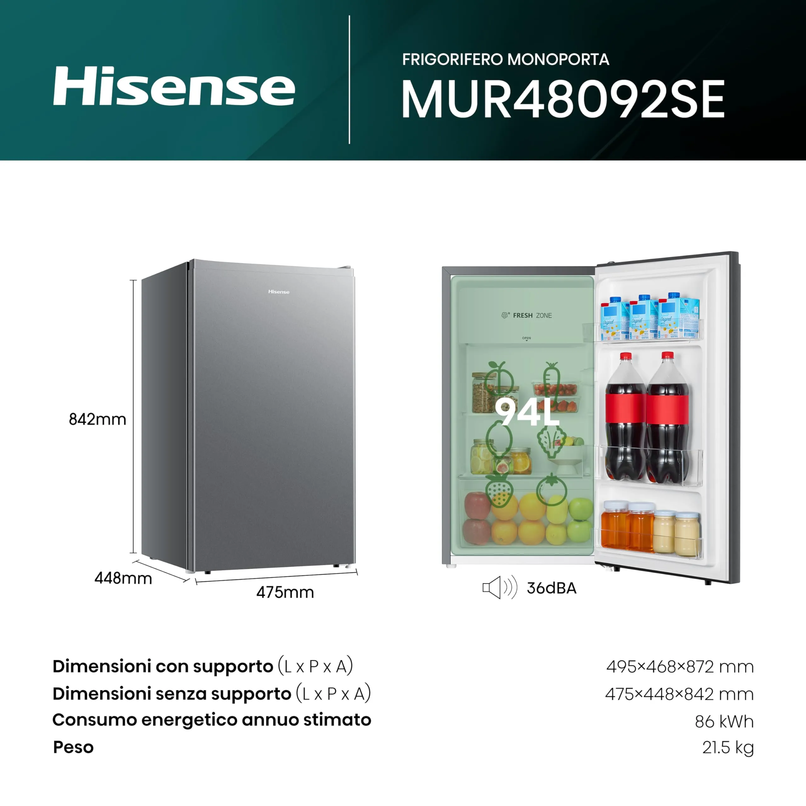 Hisense MUR48092SE Frigorifero Monoporta, Classe E, Silver, 94 Litri - immagine 2
