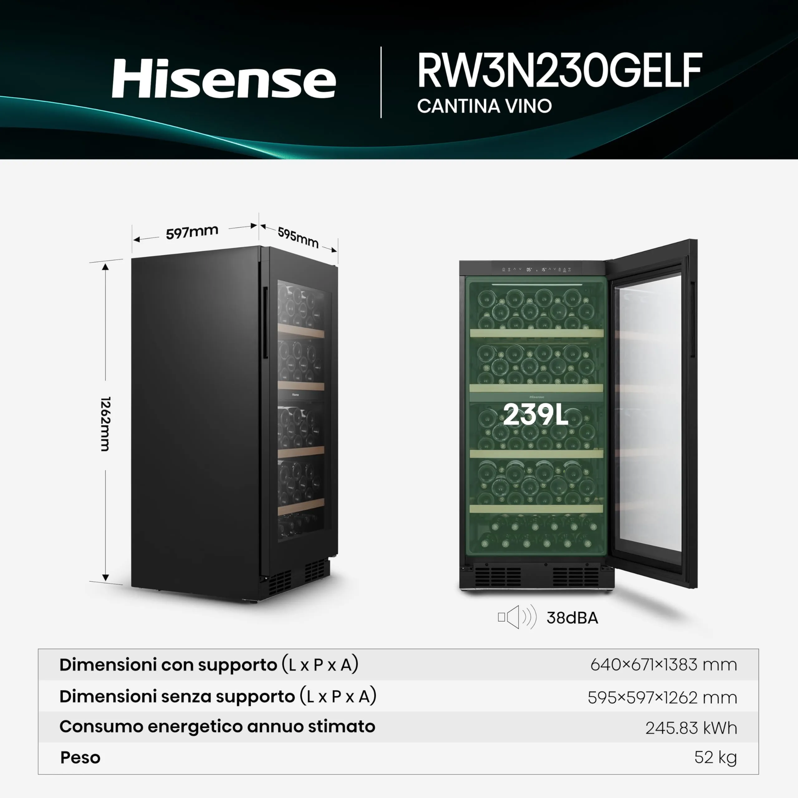 Hisense RW3N230GELF Cantinetta Vino 108 Bottiglie, Classe F, Nero - immagine 2